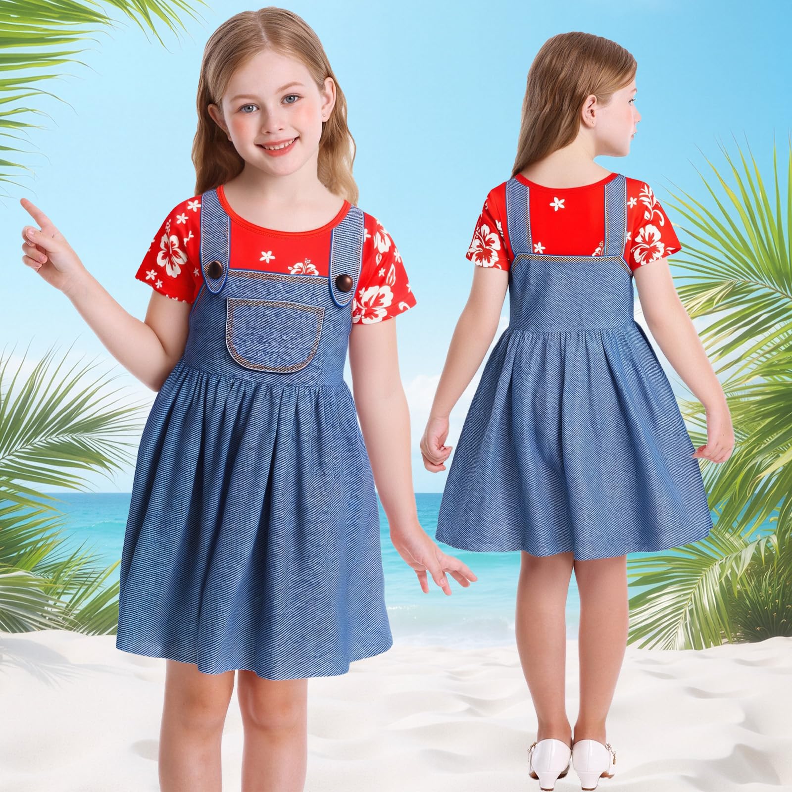 Jurebecia Hawaiian Fancy Dress Up Costume for Girls Summer Party Outfit Halloween Cosplay Costumes with Flower Hair Clip Blue 5-6 Years - Image 4