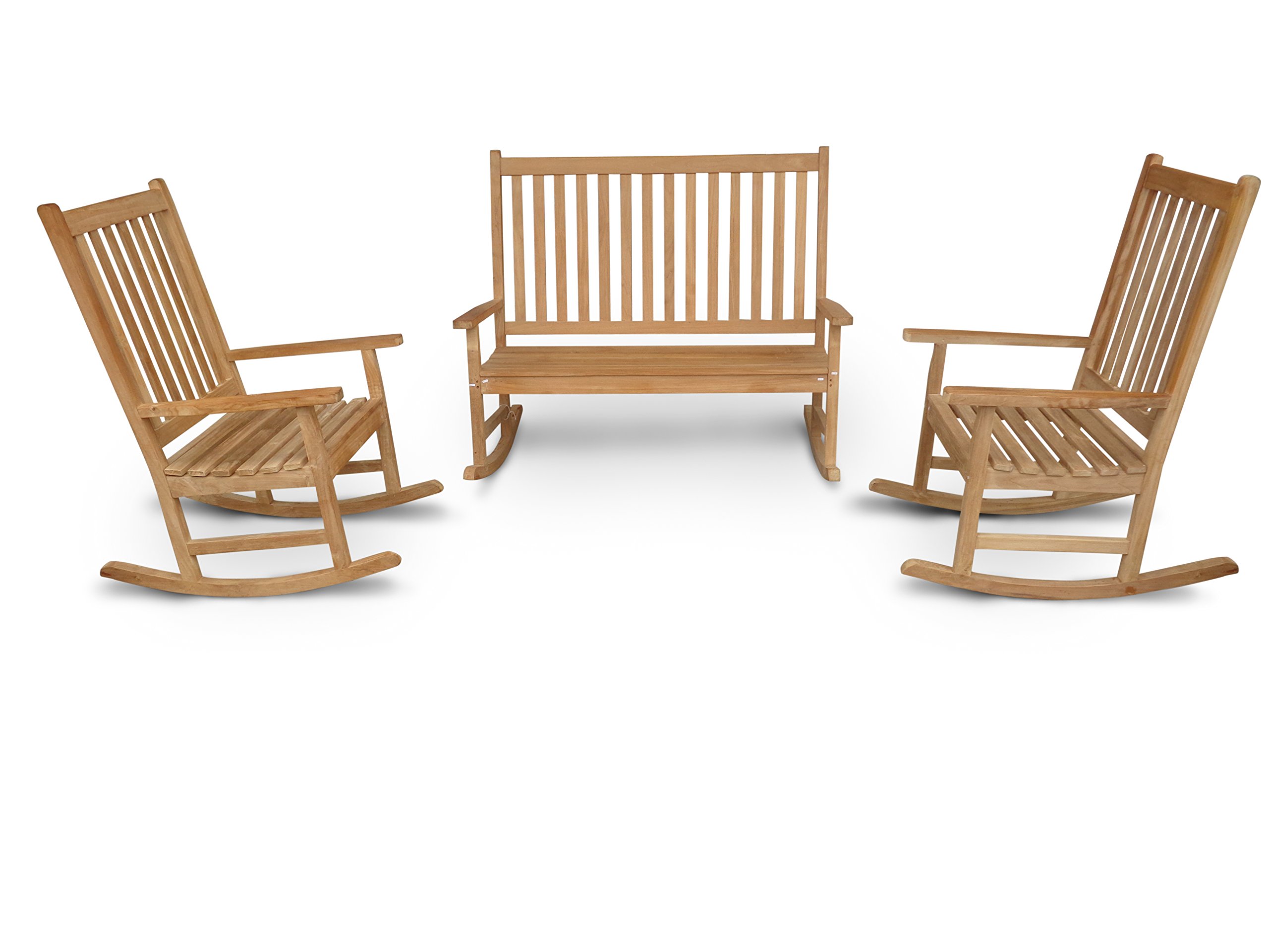 Windsor's Premium Grade A Teak 3 Pc High Back Rocker Set w/ 1 Rocking Bench 51" W & 2 Single Rocking Chairs 24" W/40lbs, 5 Yr Warranty, World's Best Outdoor Furniture, Teak Lasts A Lifetime!