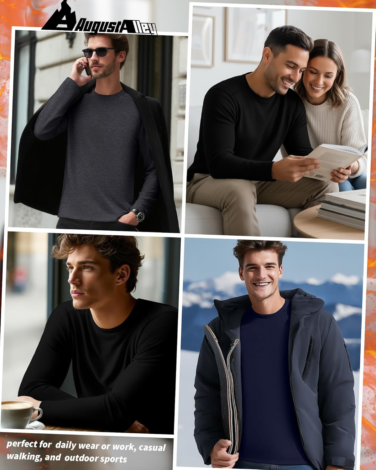 August Alley 3 Pack Men's Big and Tall Thermal Shirts, Fleece Lined Long Sleeve Tees Warm Crew Neck Undershirt Tops