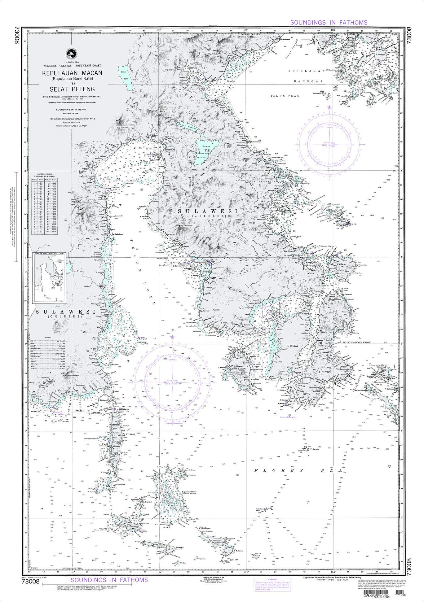 NGA Chart 73008 Kepulauan Bone Rate to Selat Peleng 28.5" x 40.5" Matte Plastic Map