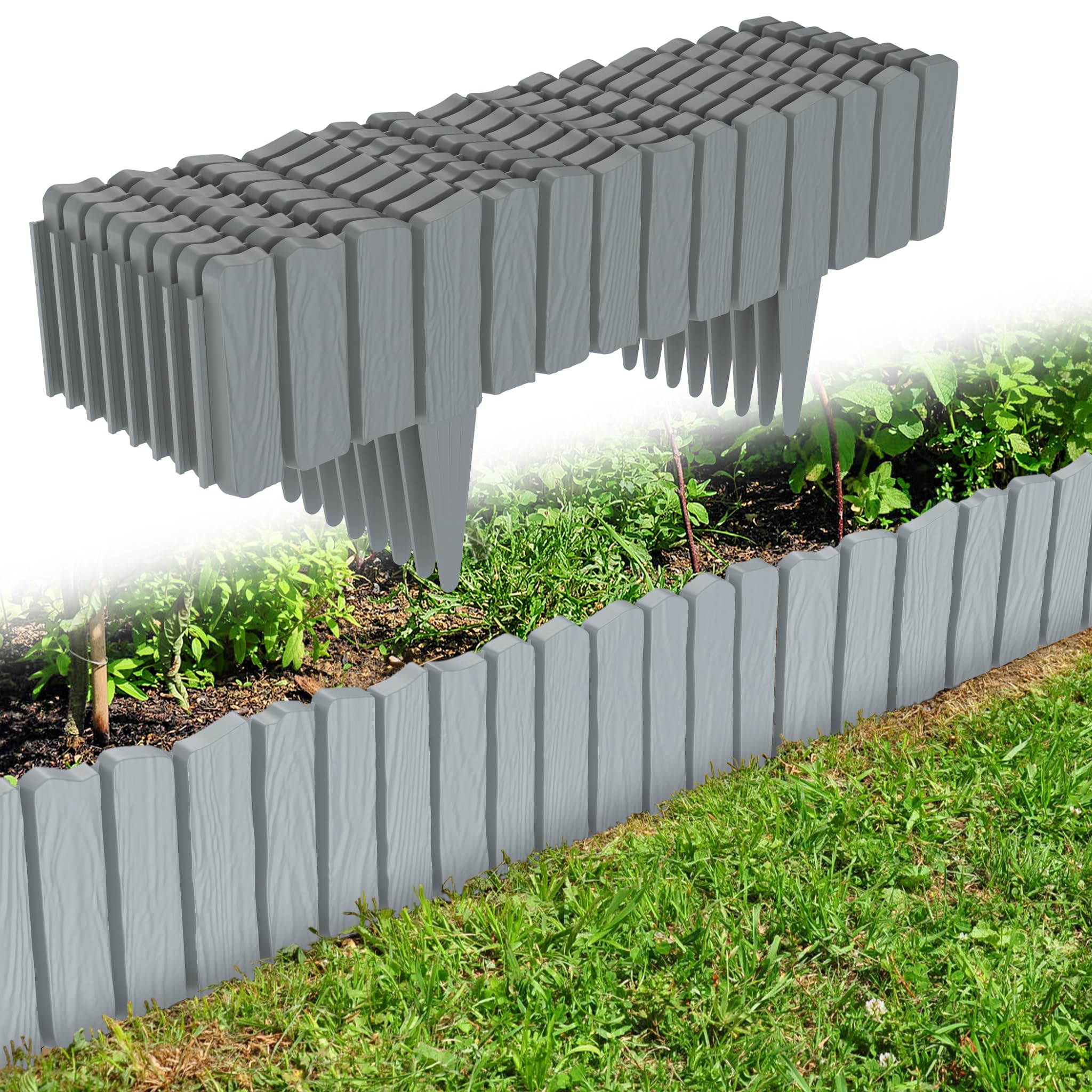 Yunvin Flexible Garden Edging Border 13.8m/45.2ft 24pcs Plastic Wood Effect Lawn Edging with Spike-in Easy Install Weather-Resistant Landscape Fence for Flower Beds, Lawn and Patio, Grey