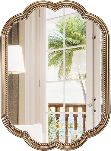 Espejo dorado festoneado, espejo de cuentas doradas de 23 x 35 pulgadas, espejo ovalado de madera de latón antiguo para sobre fregadero, baño,