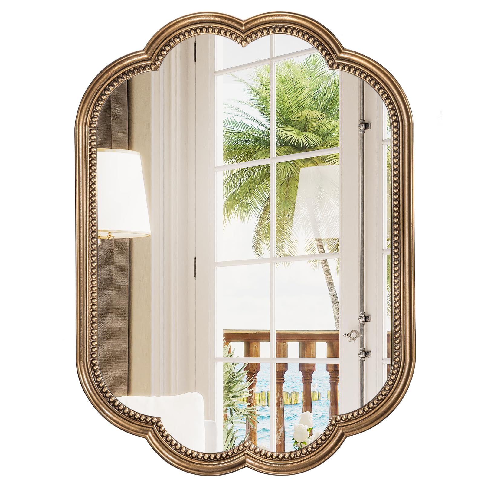 Scalloped Gold Mirror 23 x 35 Gold Beaded Mirror Vanity Antique Brass Oval Wooden Large Flower Mirror for
