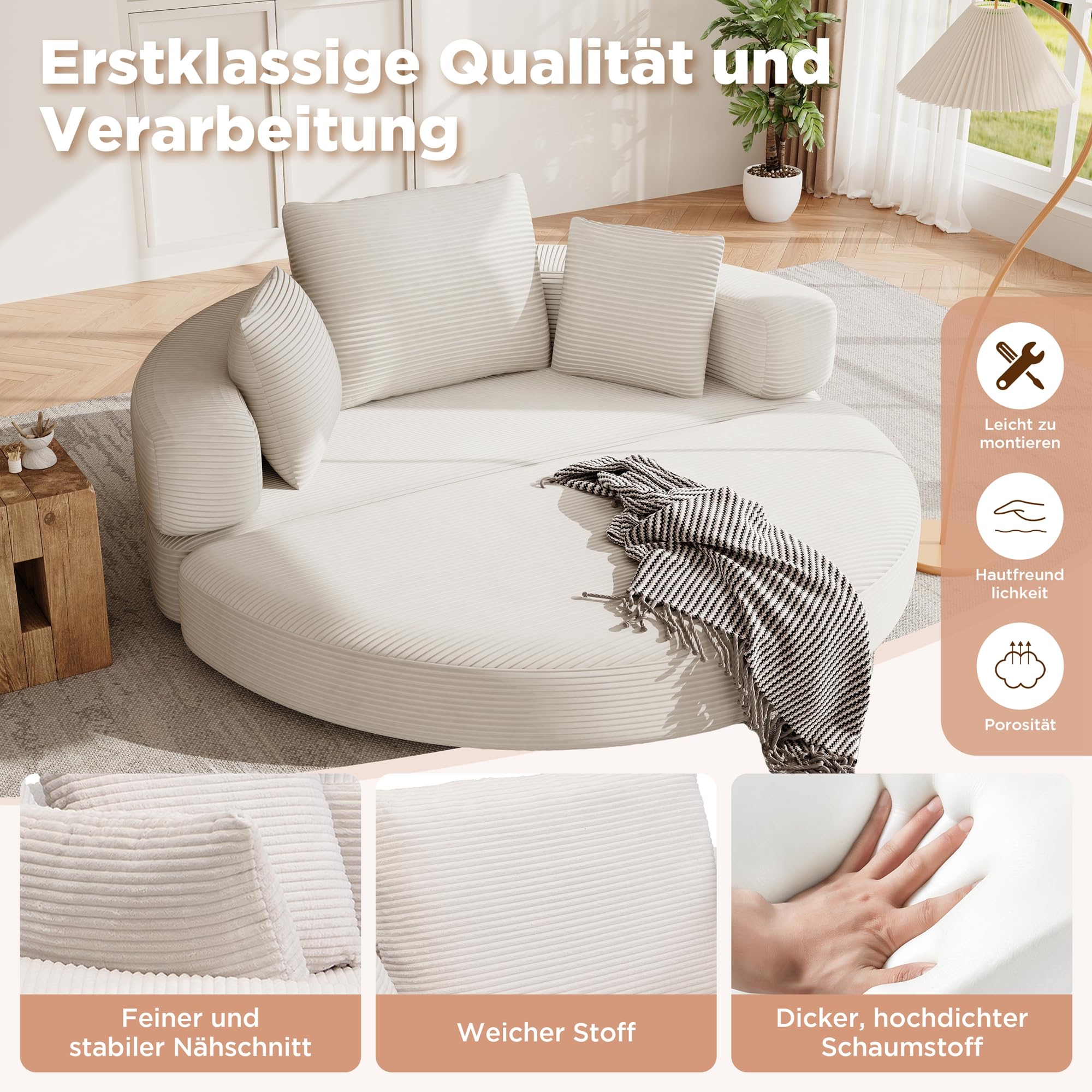 Divano letto pieghevole ovale 173x176 cm, divano letto 2 in 1, tessuto in velluto a coste, divano 1-2 posti con 3 cuscini, senza montaggio, per soggiorno, ufficio, appartamento