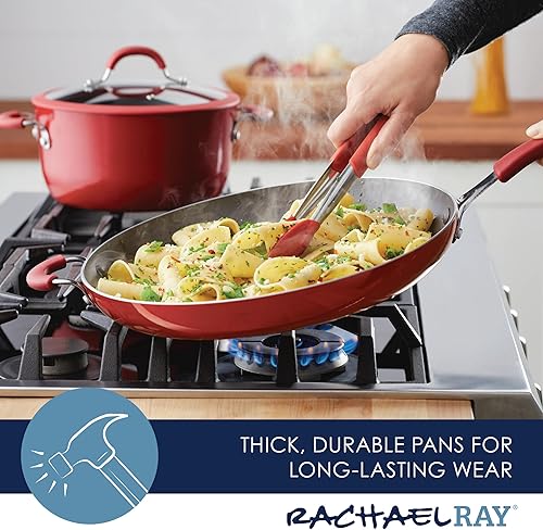 Miniatura 4 de Rachael Ray Cook + Create - Sartén antiadherente con mango auxiliar, 14 pulgadas, color rojo