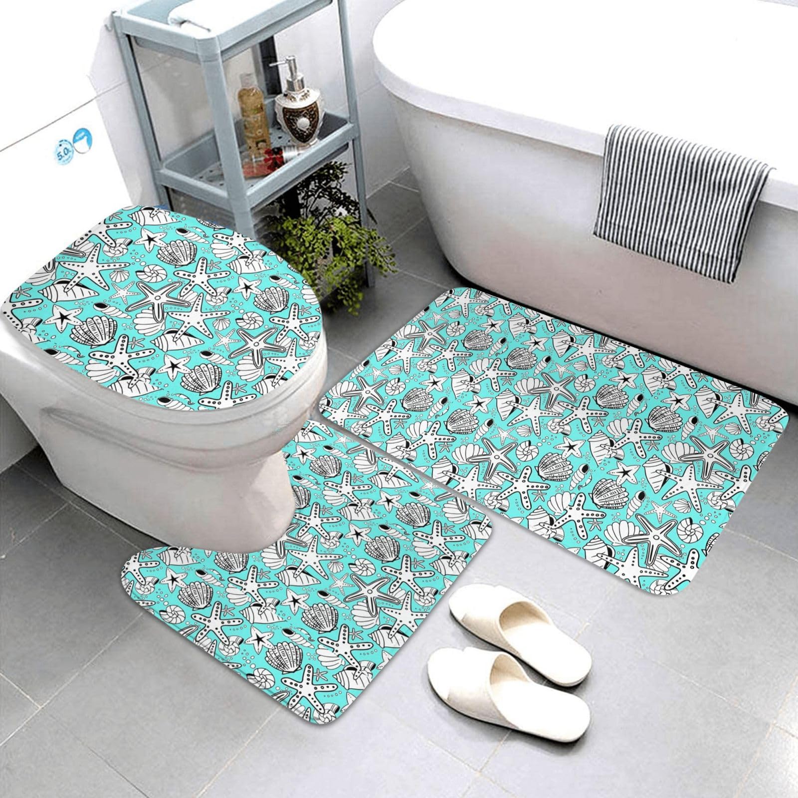 BREAUX Magnifique tapis de sol antidérapant imprimé étoiles de mer, tapis de bain antidérapant pour salle de bain, tapis de douche 3 pièces