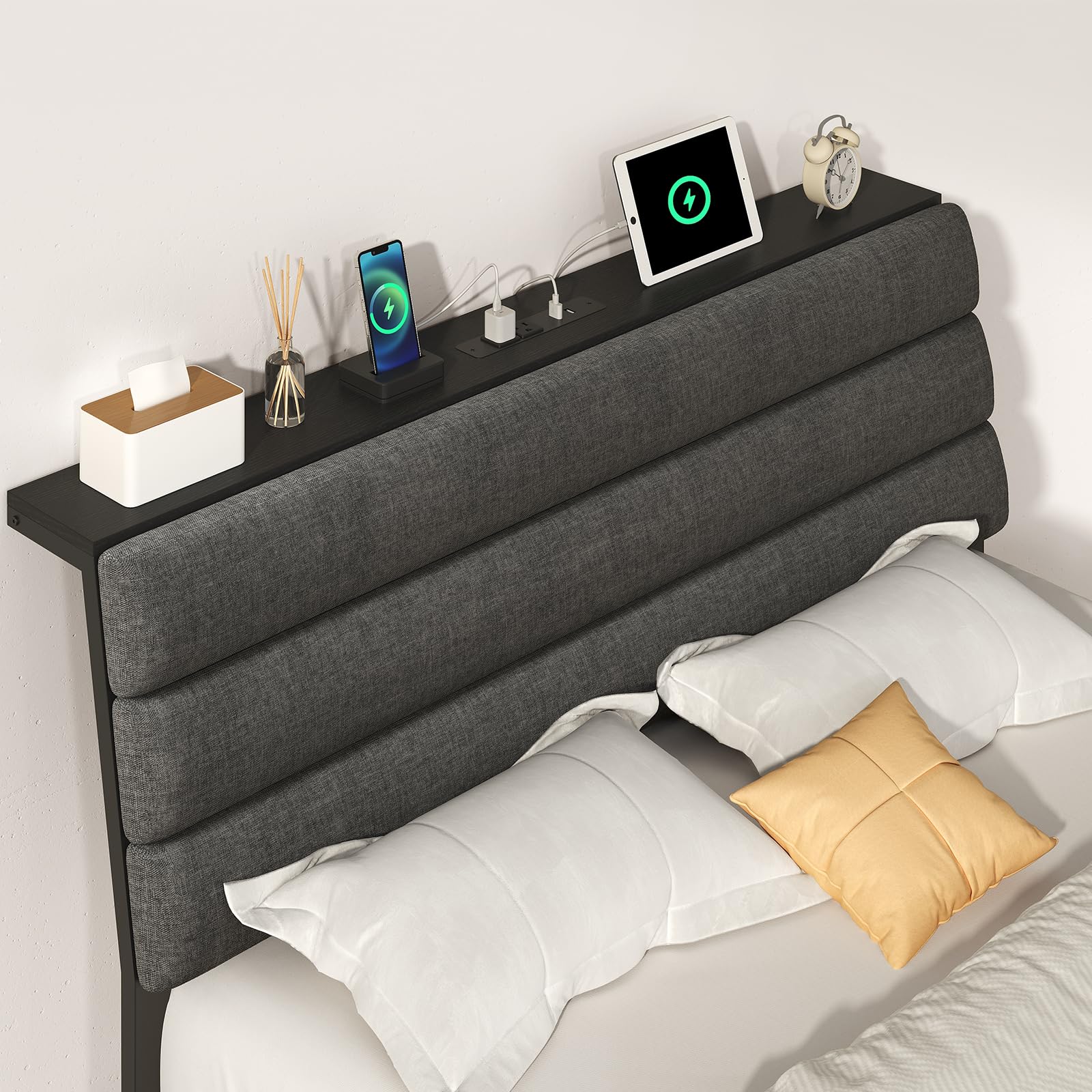 Letto Sospeso 160 x 200 cm con Luci LED, Testiera Contenitore con Stazione di Ricarica, Letto Piattaforma Imbottito con Struttura in Metallo Rinforzata, Grigio Scuro