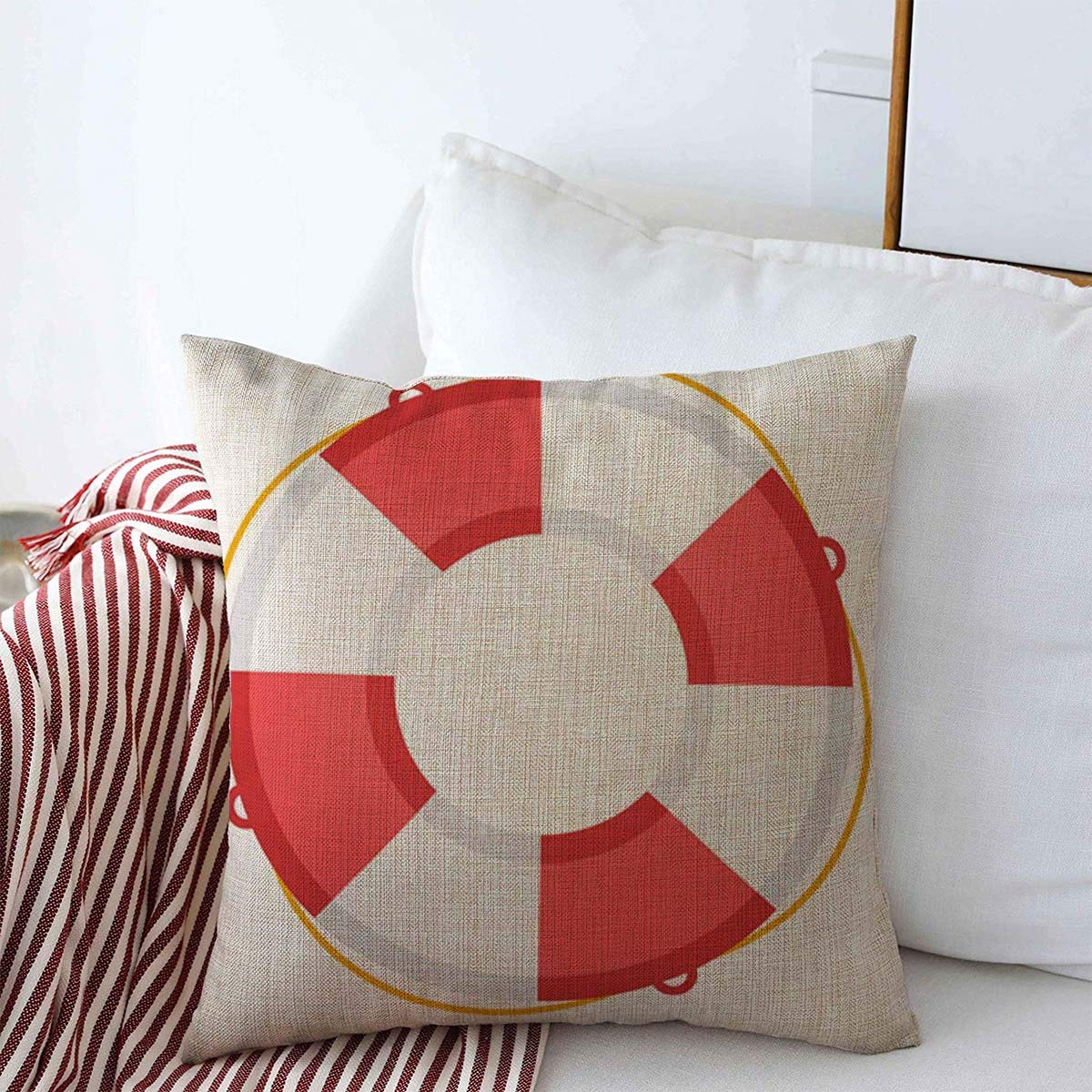 Starolal Throw Pillows Cover 20 x 20 Inches Red Float White Life Buoy Protection Abstract Preserver Rescue Assistance Beach Belt Lifeguard Circle Cushion Case Cotton Linen for Fall Home Decor