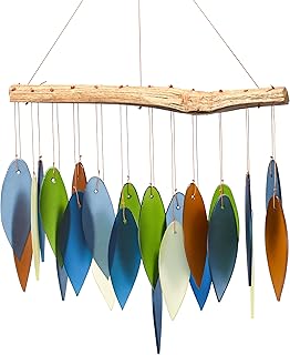 Blue Handworks Atlantic Coast Glass Chime, Sandblasted Glass and Found Wood Handcrafted Wind Chime