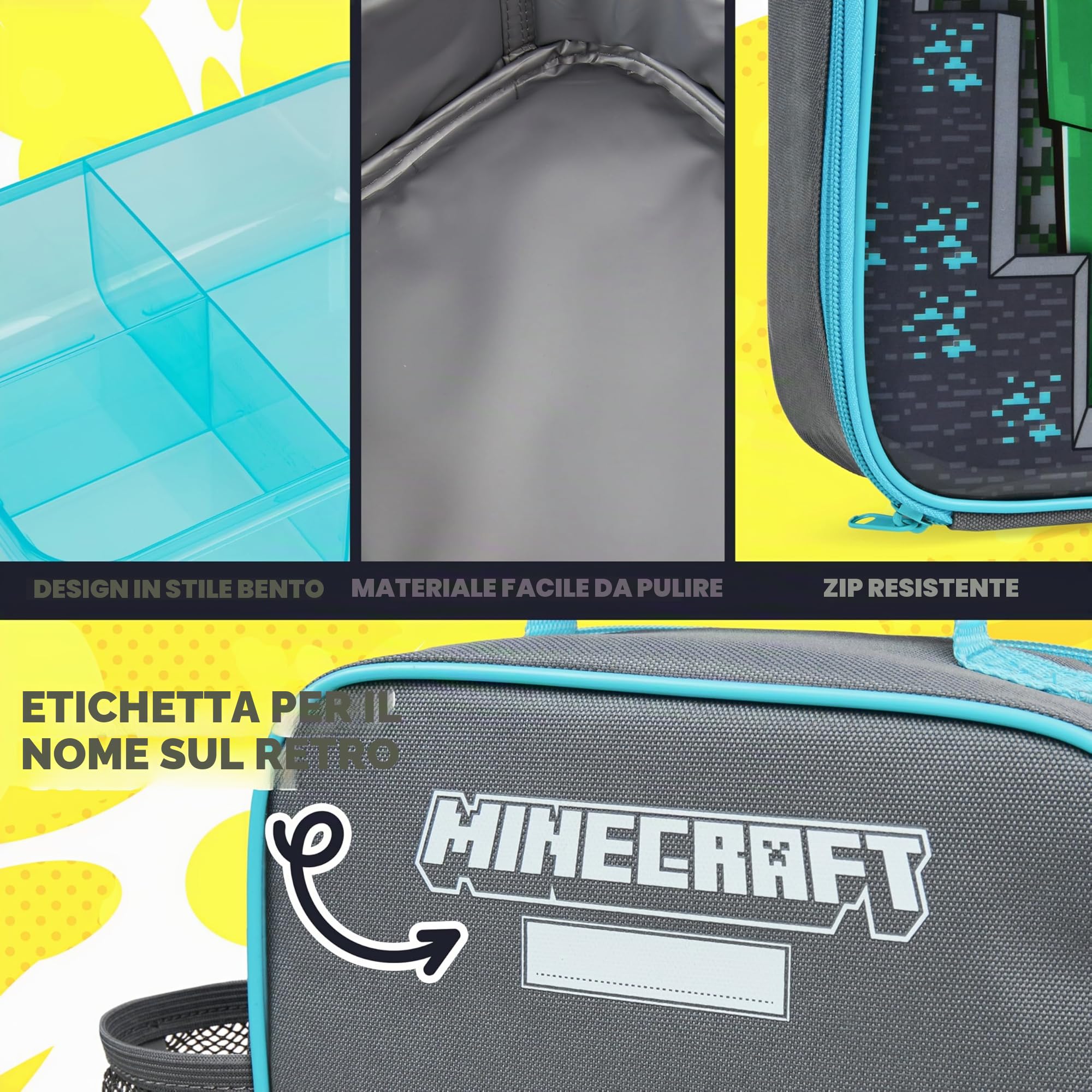 Get Trend Minecraft Borraccia, Borsa Porta Pranzo e Porta Merenda Bambini, 3Pz Set, Materiale Scolastico, Portamerenda BPA Gratuito, A Prova di Perdite (Multi Minecraft)