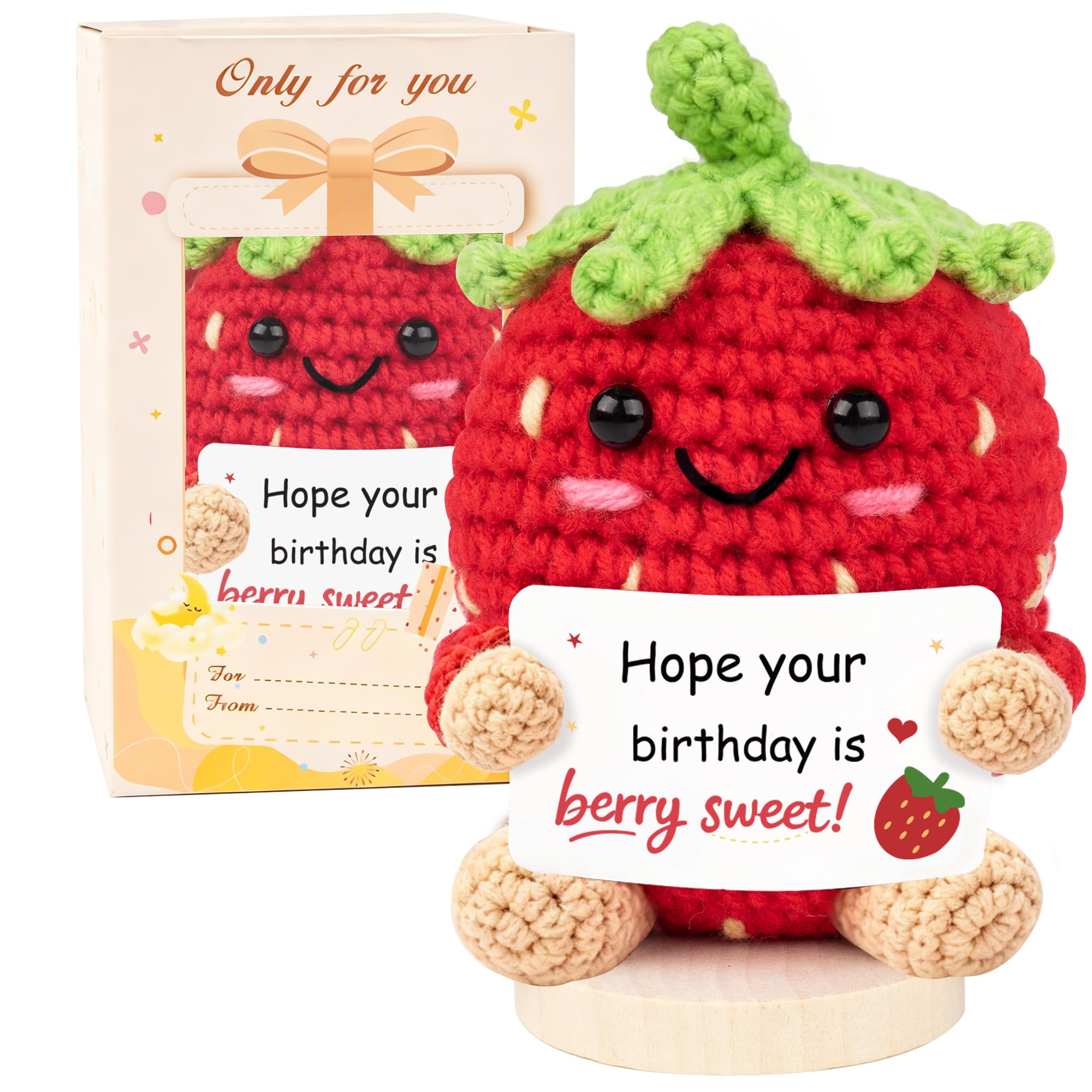 Happy Birthday Gift for Women & Men - Handmade Crochet Strawberry Ornament with Wood Base, Personalized Birthday Souvenir for Friends, Coworkers, Sisters, Heartwarming Gift Strawberry Desk Decor