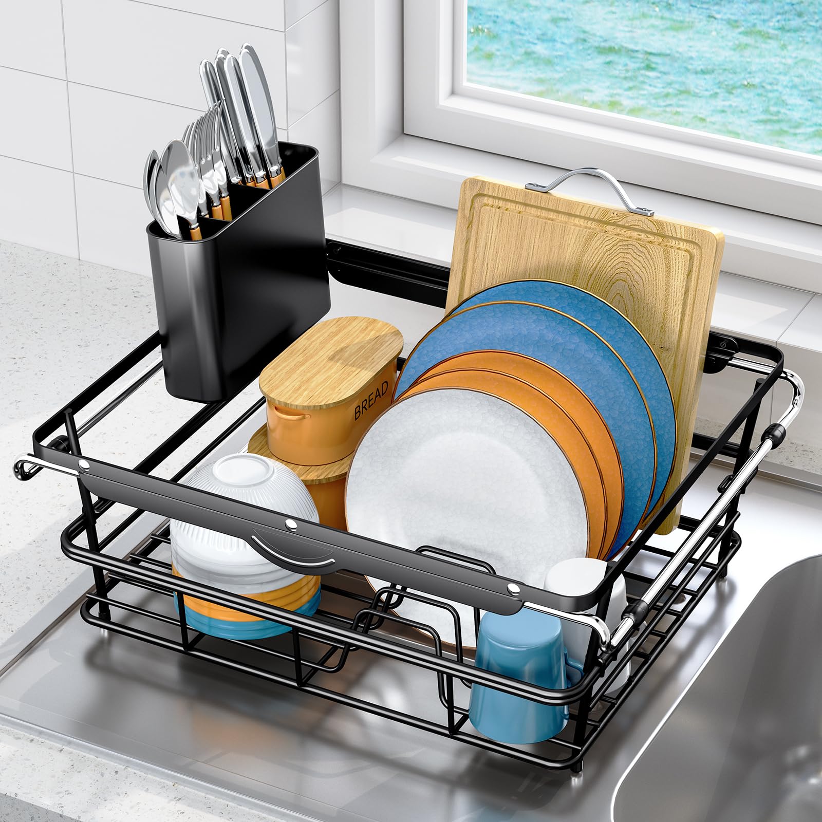Dish Draining Board - Large Capacity Dish Drainer in the Sink, Extendable Drainer with Utensil Holder for Kitchen Countertop, 97-56.7 x 32.8 x 15.5 cm