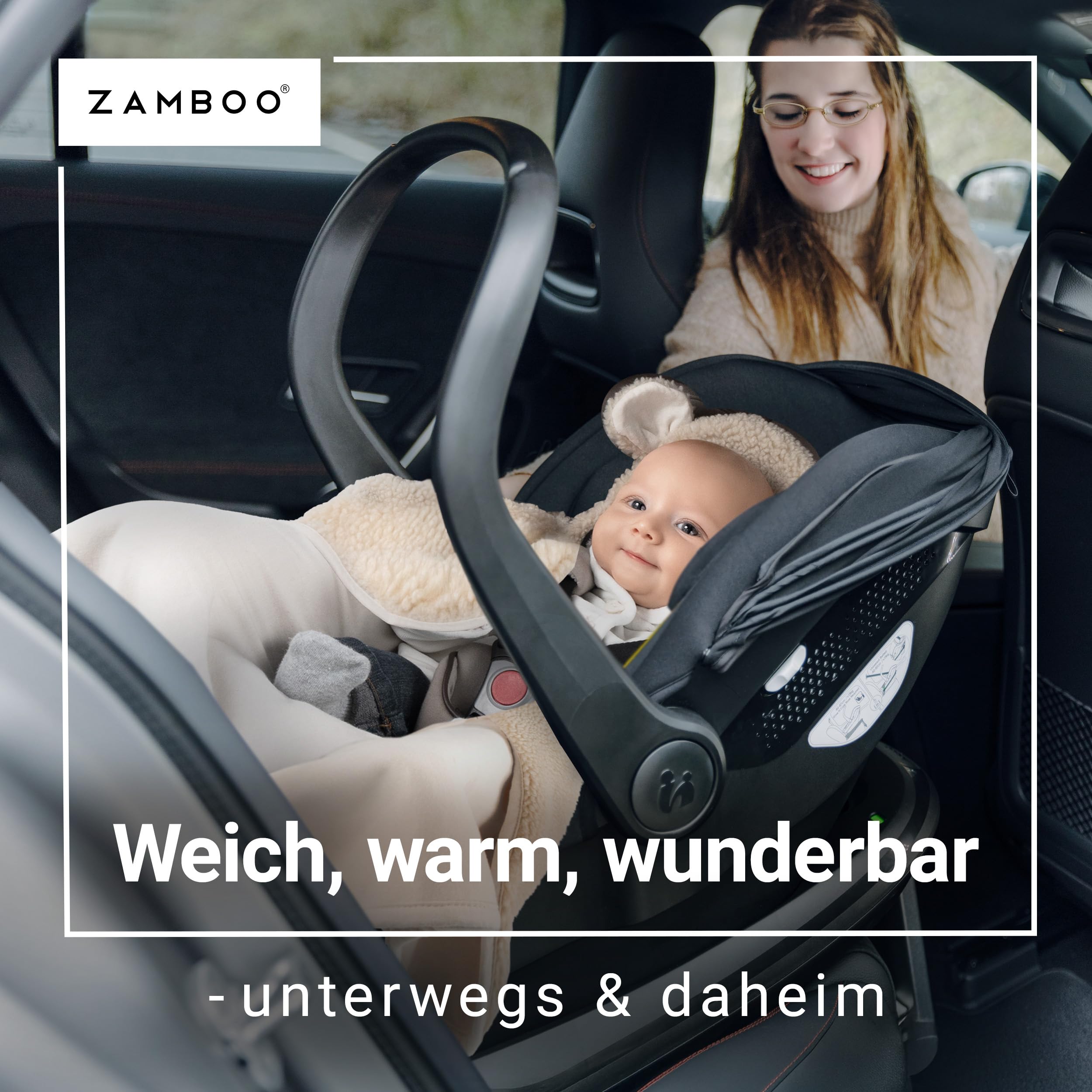 Zamboo Baby Einschlagdecke Fluffy Fleece 80x80 cm Oeko-TEX Zertifiziert mit Öhrchen & Gurtschlitzen Beige