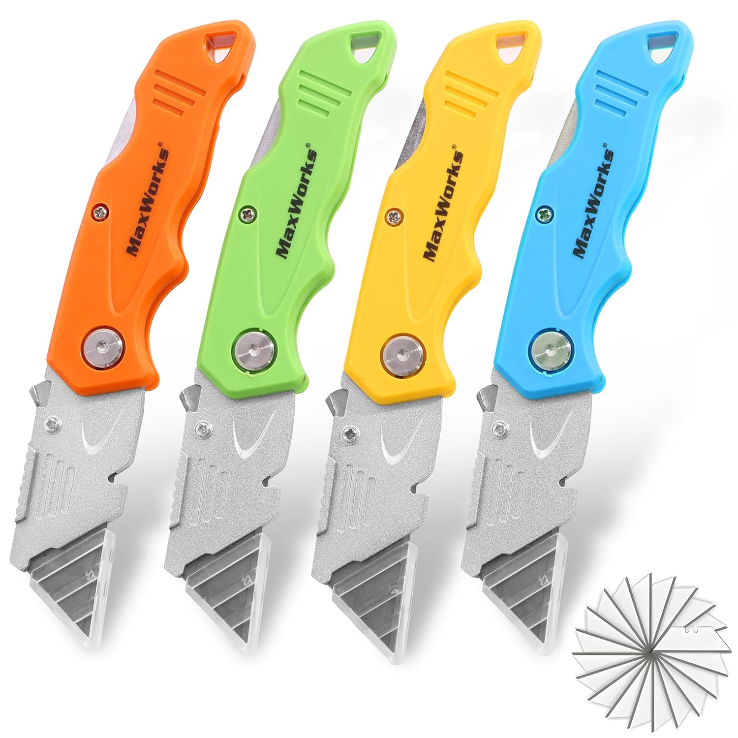 MaxWorks 51221 12-Pack Foldable Utility Knives, 60 Extra Blades – Quick-Change, Compact Design – Zinc Alloy Blade Shell & Durable ABS Handle for Heavy-Duty Cutting