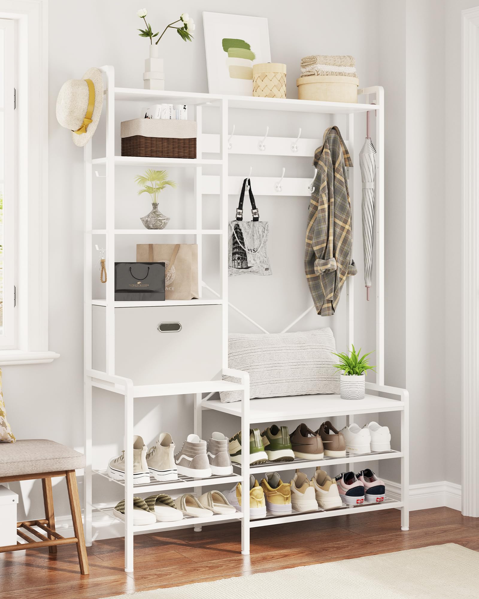 Porte-Manteau, Meuble d’Entrée, avec Banc et Étagères à Chaussures, Vestiaire d'entrée avec Tiroir en Tissu, 7 Crochets à Double Broche, Étagère Réglable, Meuble Chaussures, 40 x 120 x 192 cm, Blanc