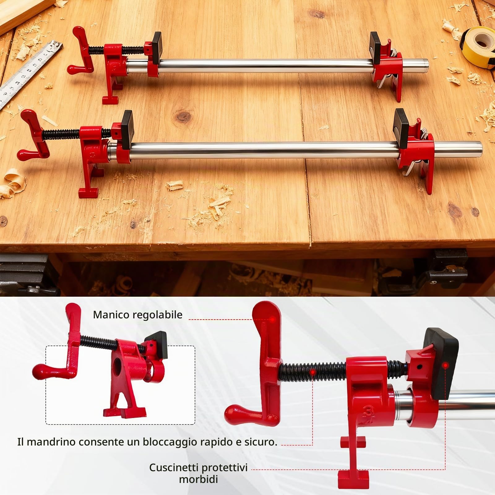 Set Di 6 Morsetti Per Tubi Da 3/4", 4 Morsetti A Sgancio Rapido con 2 Tubi In Acciaio Da 60 cm per Lavorazioni Di Falegnameria Fascette Stringitubo Per La Lavorazione Del Legno