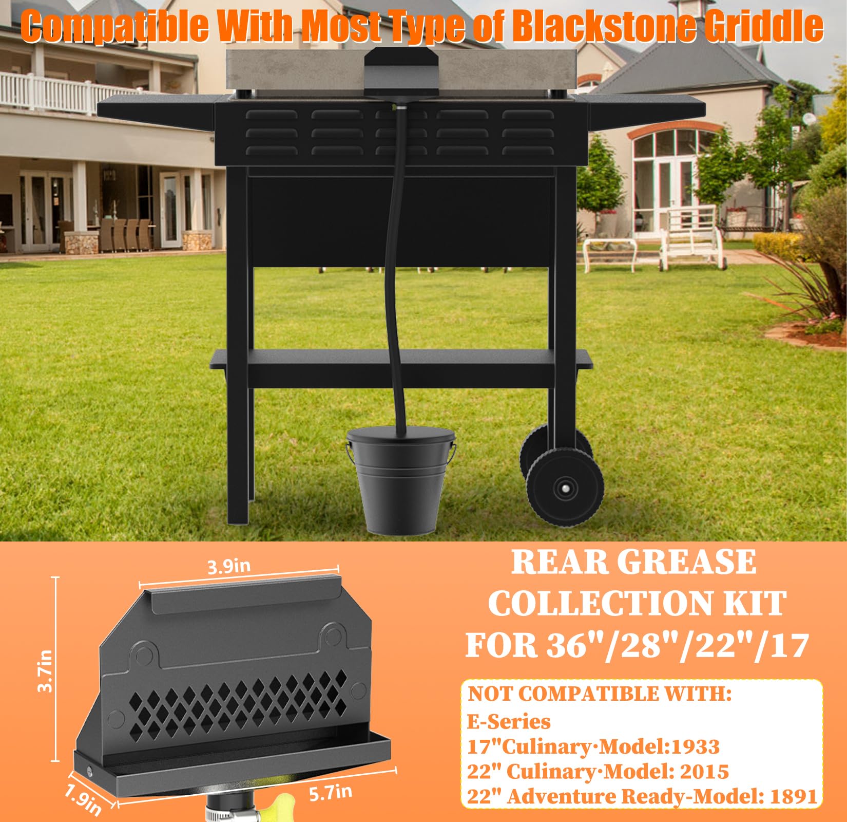 Système de drainage de la graisse arrière pour Blackstone, kit d'accessoires pour Blackstone avec entonnoir fermé pour récupérateur de graisse, seau à graisse de 1,8 l avec couvercle, lot de 5