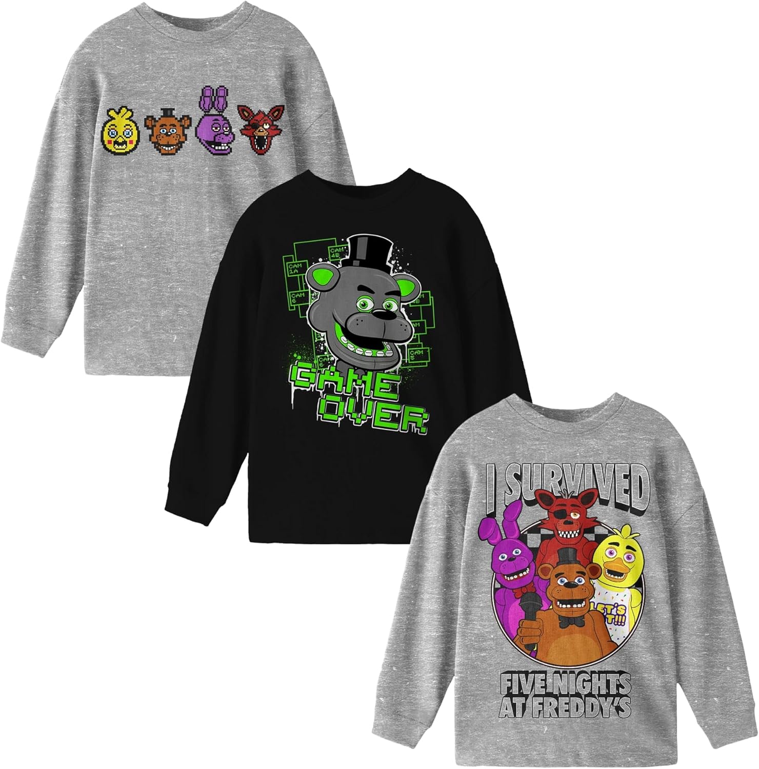 Five Nights at Freddy's I Survived Boy's 3-Pack Crew Neck Long Sleeve Tees