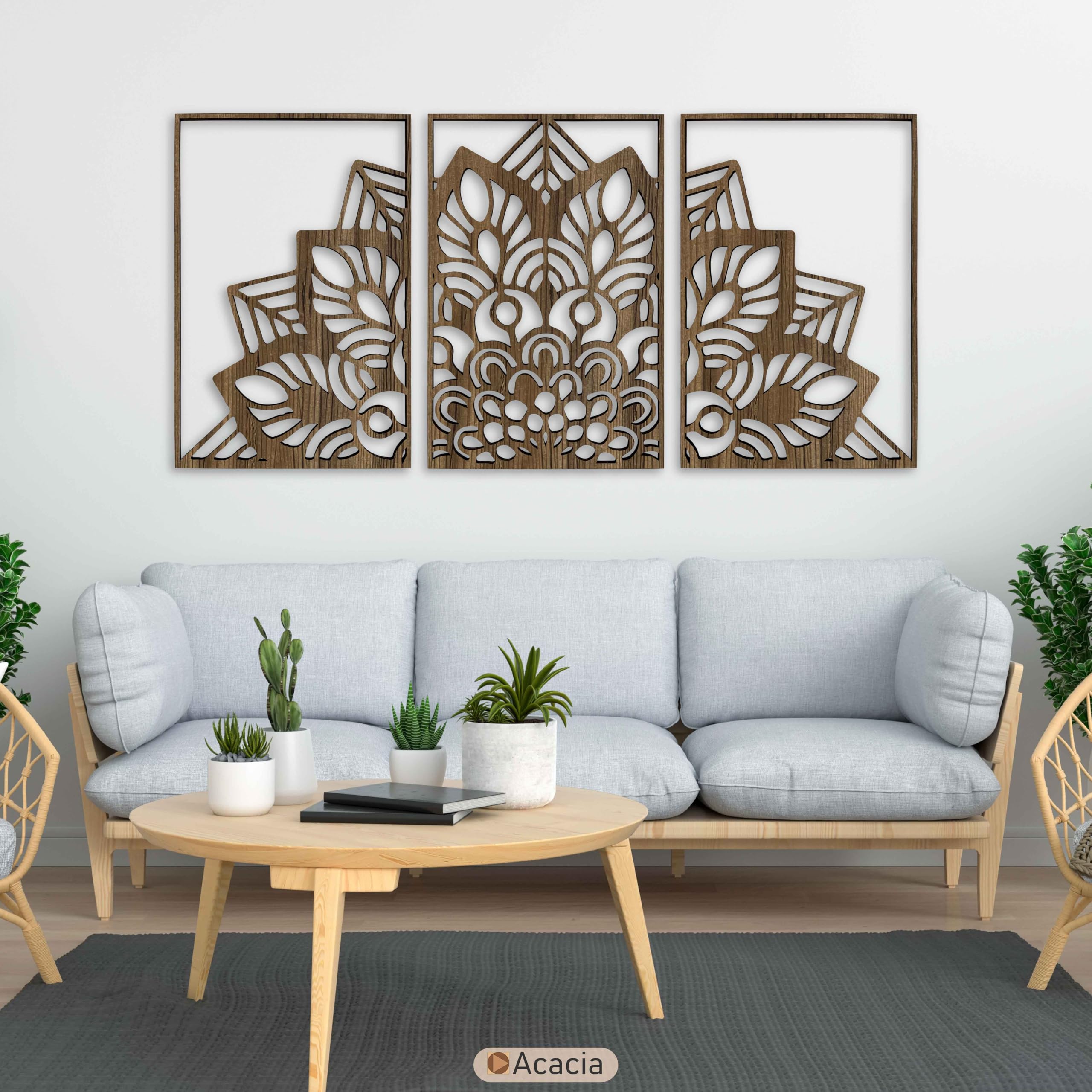 Sacred Lotus Mandala Holz Wandkunst Triptychon Moderne Zen Innen Holz Wanddekoration Boho Floral Geometrie Paneele Home Akzente Geschenk für Wohnzimmer und Schlafzimmer