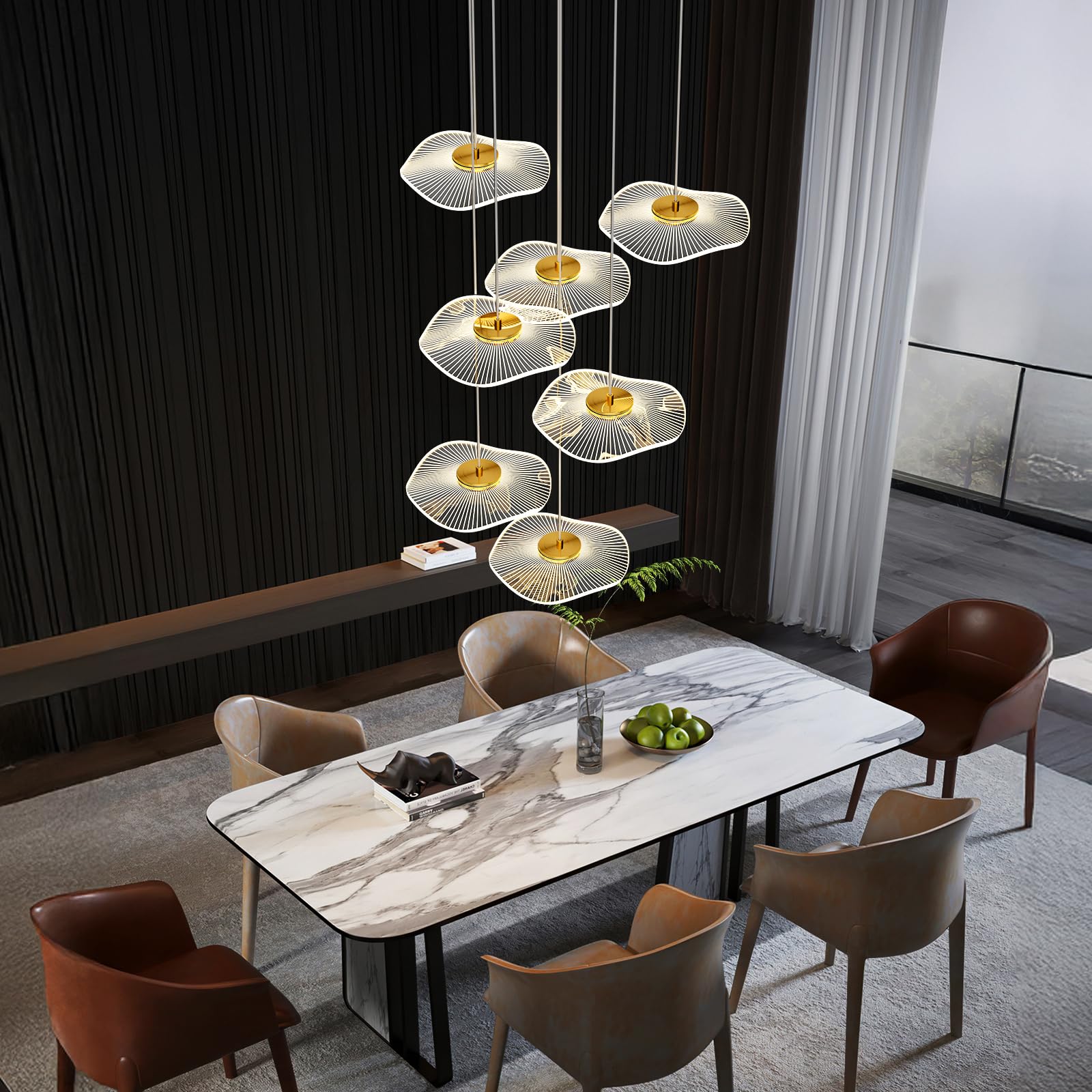 Photo 1 of ziidoo High Ceiling Chandelier - 7-Light Dimmable Modern Gold Long Spiral Luxury Linear Lotus Leaf Led Lamp Hanging Pendant Lights for Foyer Enterway Staircase Villas