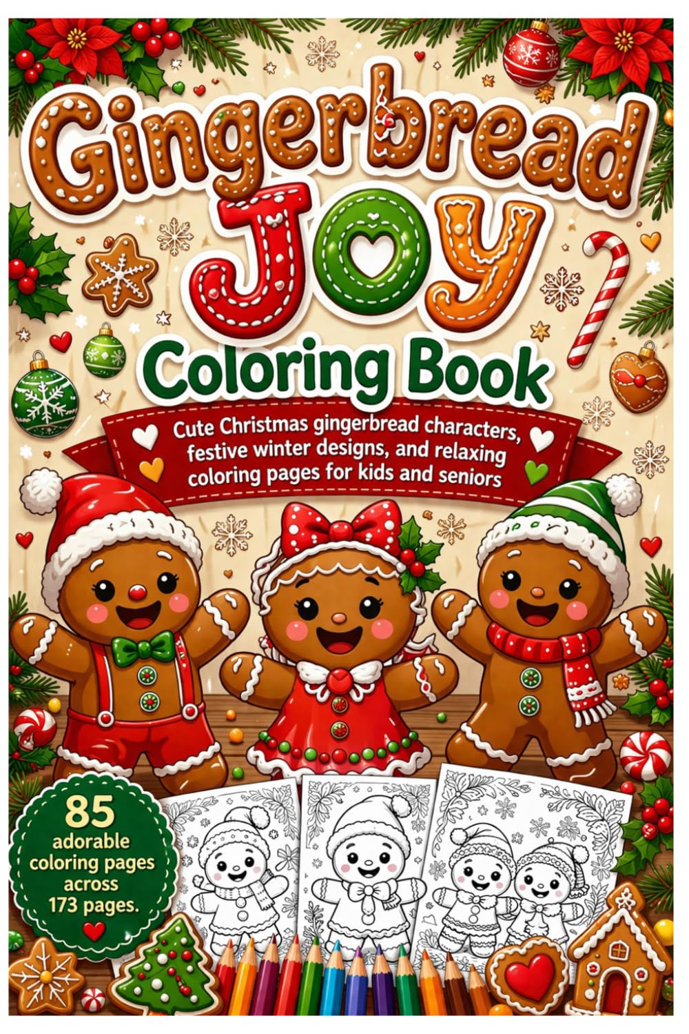 Gingerbread Joy Coloring Book: Cute Christmas gingerbread characters, festive winter designs, and relaxing coloring pages for kids and seniors