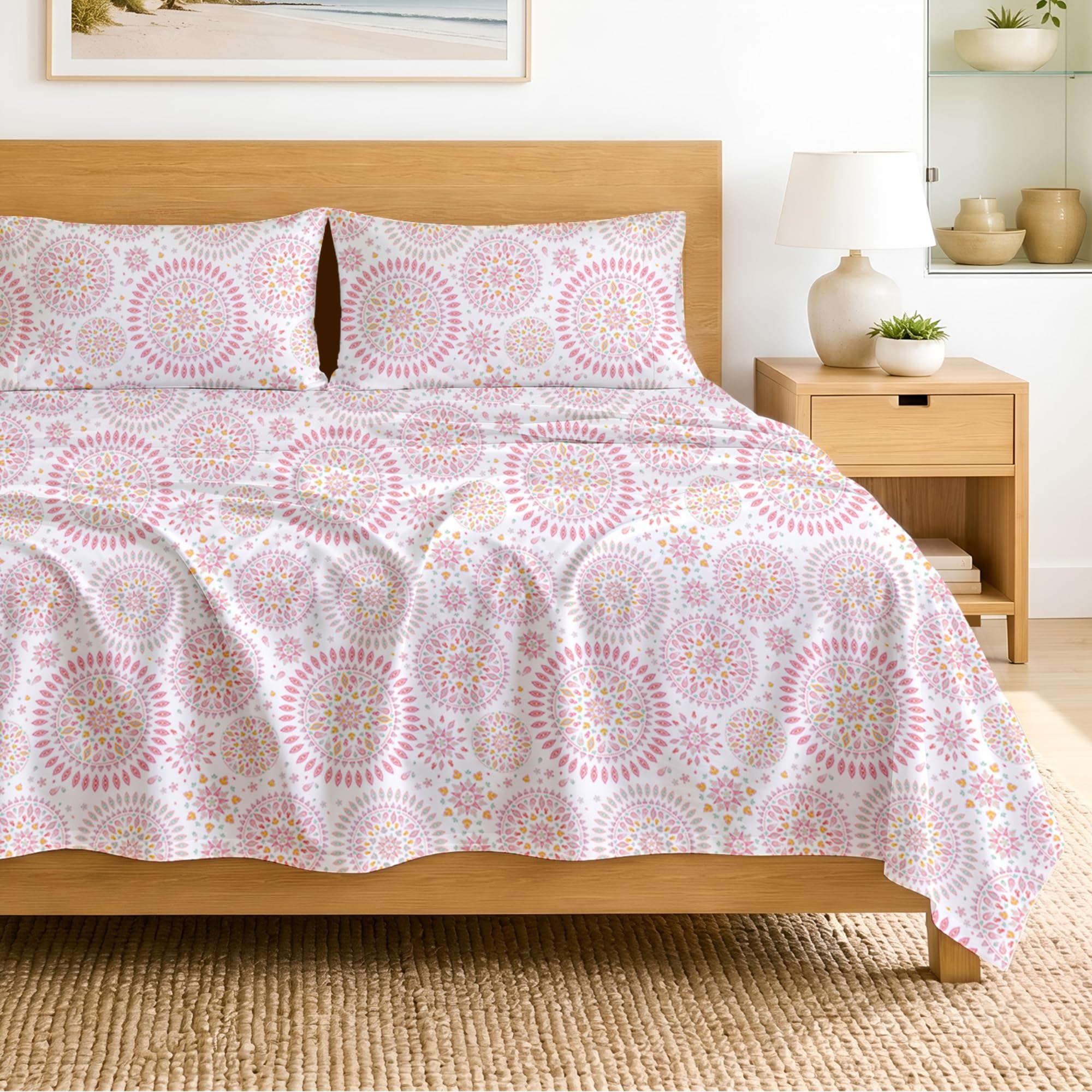 SGI bedding 100% Egyptian Cotton Sheets Queen Size – 600 Thread Count Sheets Set, Soft, Cooling, 15" Deep Pocket, Luxury Hotel Bedding, Breathable, Durable - Boho Mandala