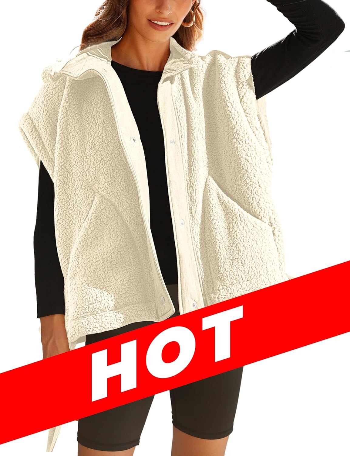 Women's Fuzzy Sherpa Fleece Vest Oversized Warm Button Down Sleeveless Outwear with Pockets - Image 7