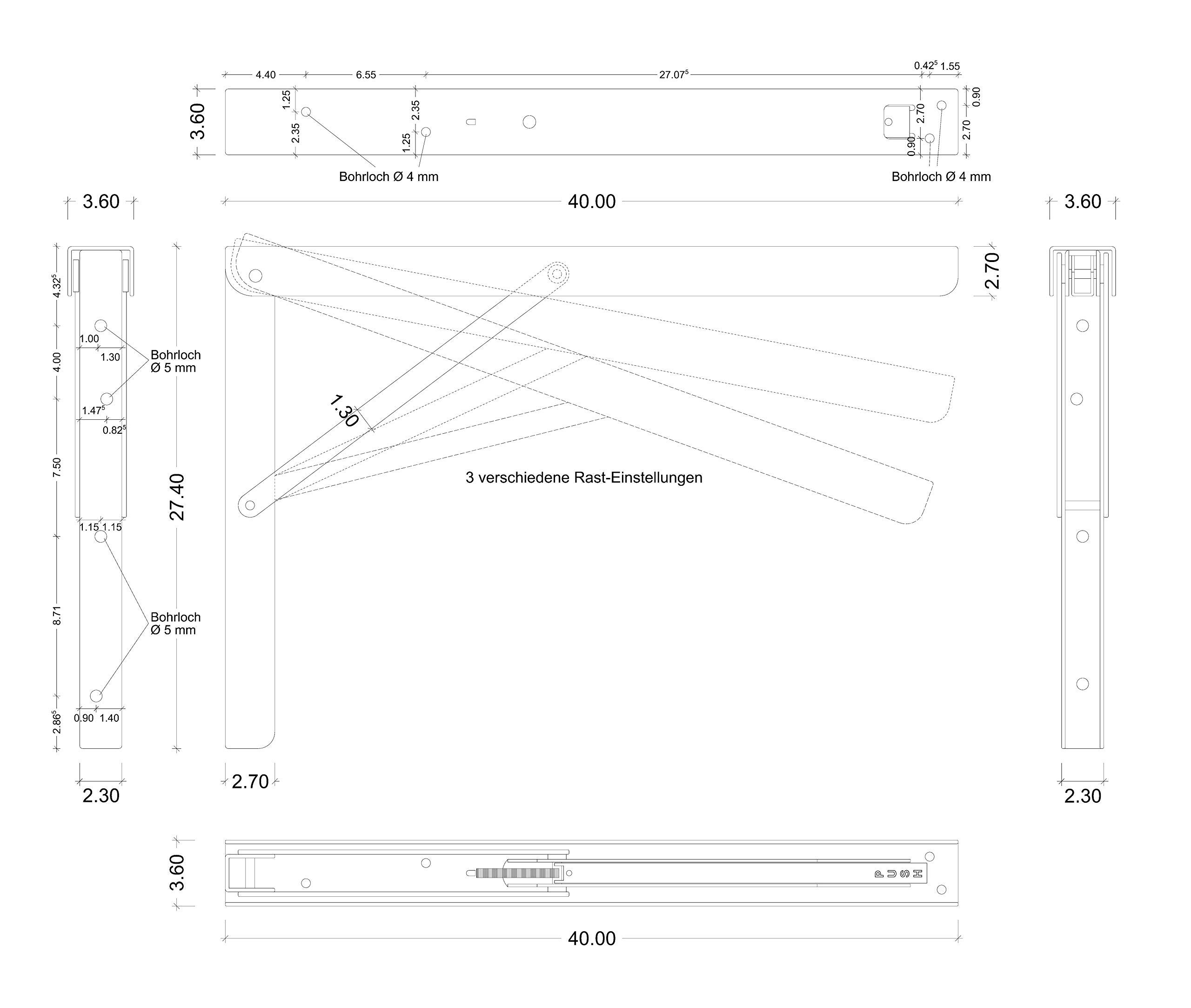 Gedotec Consola Plegable Plegable Profi Line - Acero Inoxidable, 400 x 36 x 270 mm