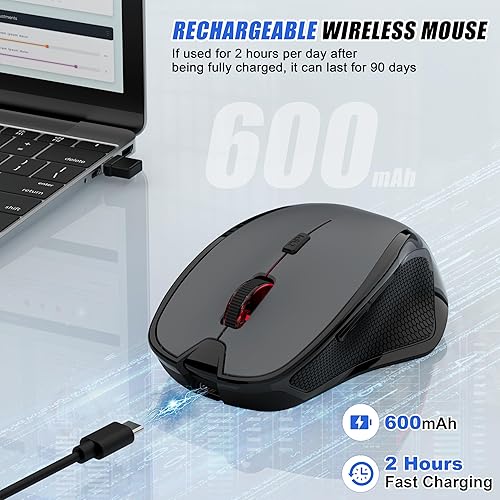 Miniatura 6 de Mouse inalámbrico Bluetooth para MacBook Air Pro Mac, mouse ergonómico recargable con modo Jiggler, 2 modos Bluetooth y receptor USB-AUSB-C de 2.4G,