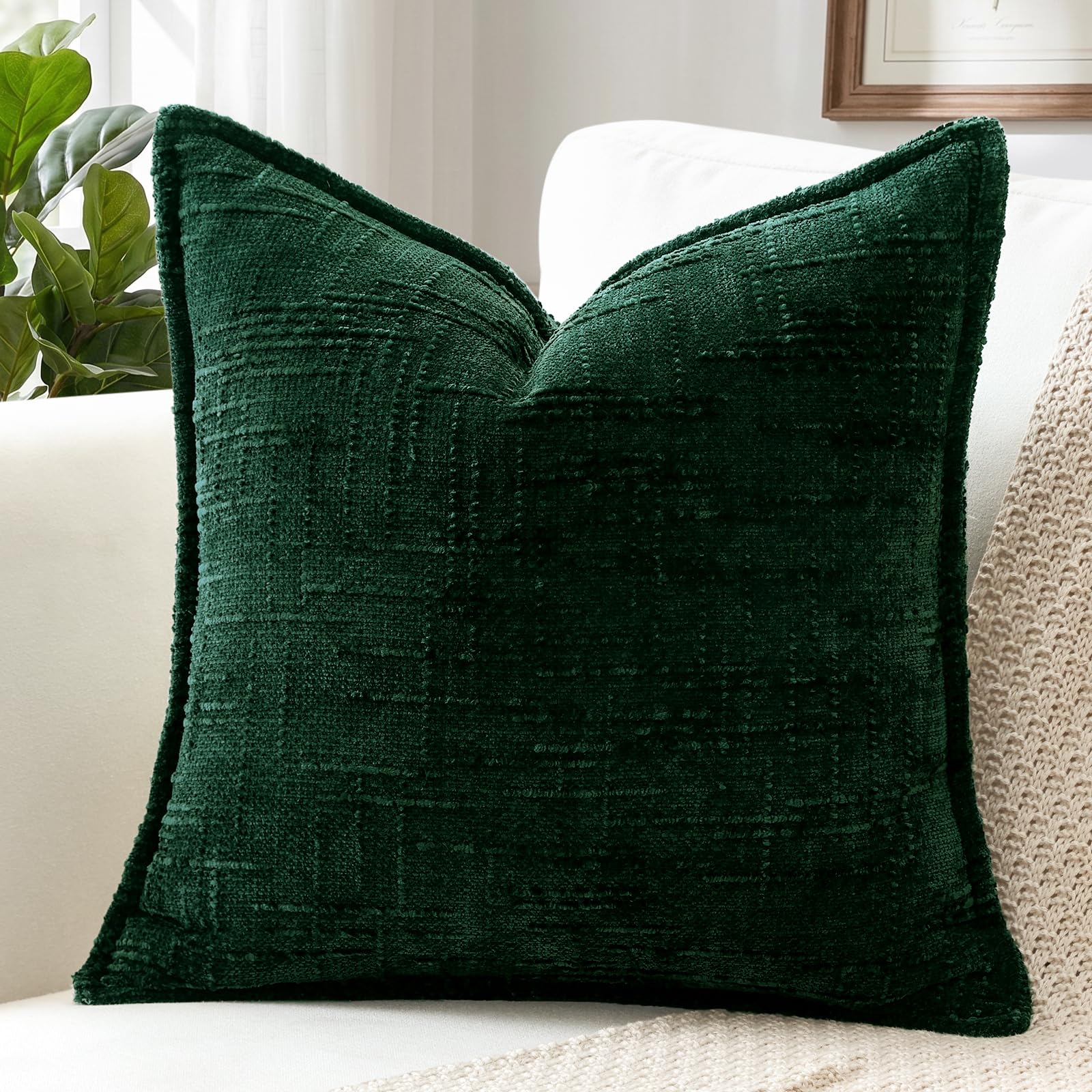 Housse de coussin chenille 60x60 vert foncé anti-pli pour protéger votre canapé