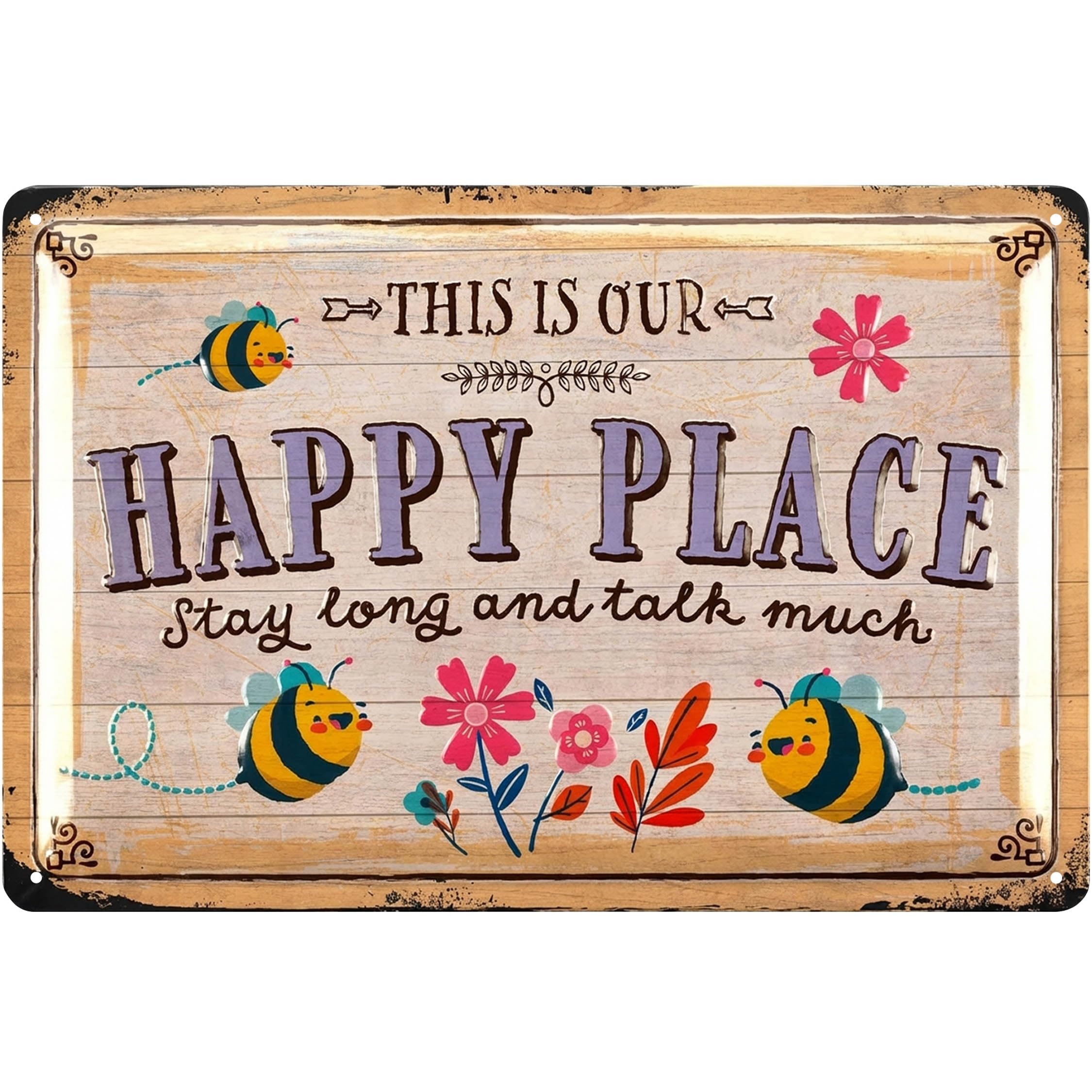 LANOLU Vintage Tin Sign - This is Our HAPPY PLACE, Metal Garden Plaque - Decorative Outdoor Sign, 12x8"