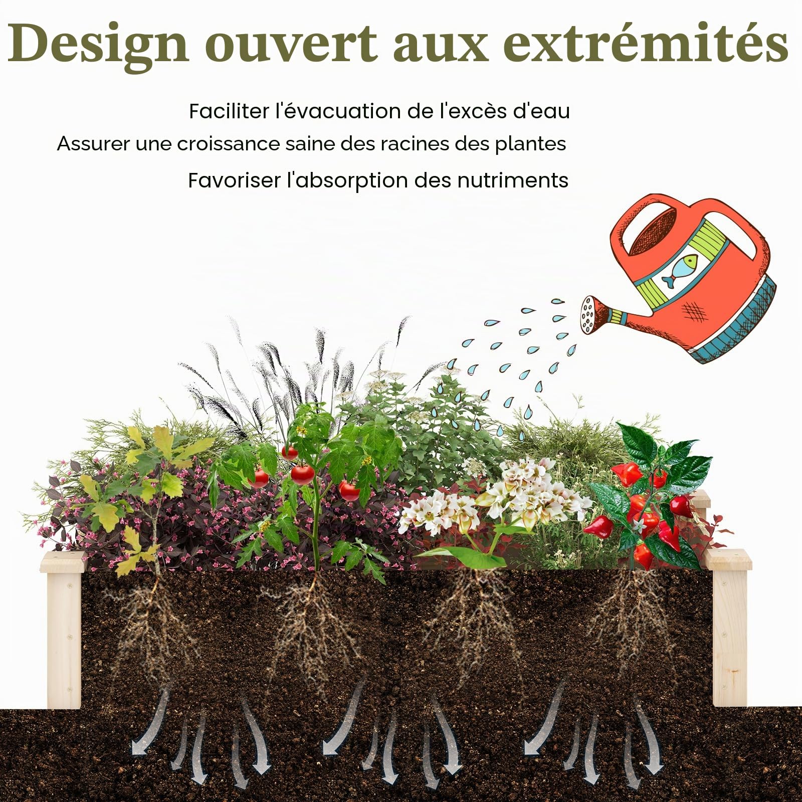 HOMASIS Jardinière en Bois de Sapin, Bac à Plantes avec Fond Ouvert, Carré Potager Extérieur, Séparateurs pour Fleurs, Légumes, Fruits, Herbes, Parterre de Jardin, Lit de Jardin pour Balcon Terrasse