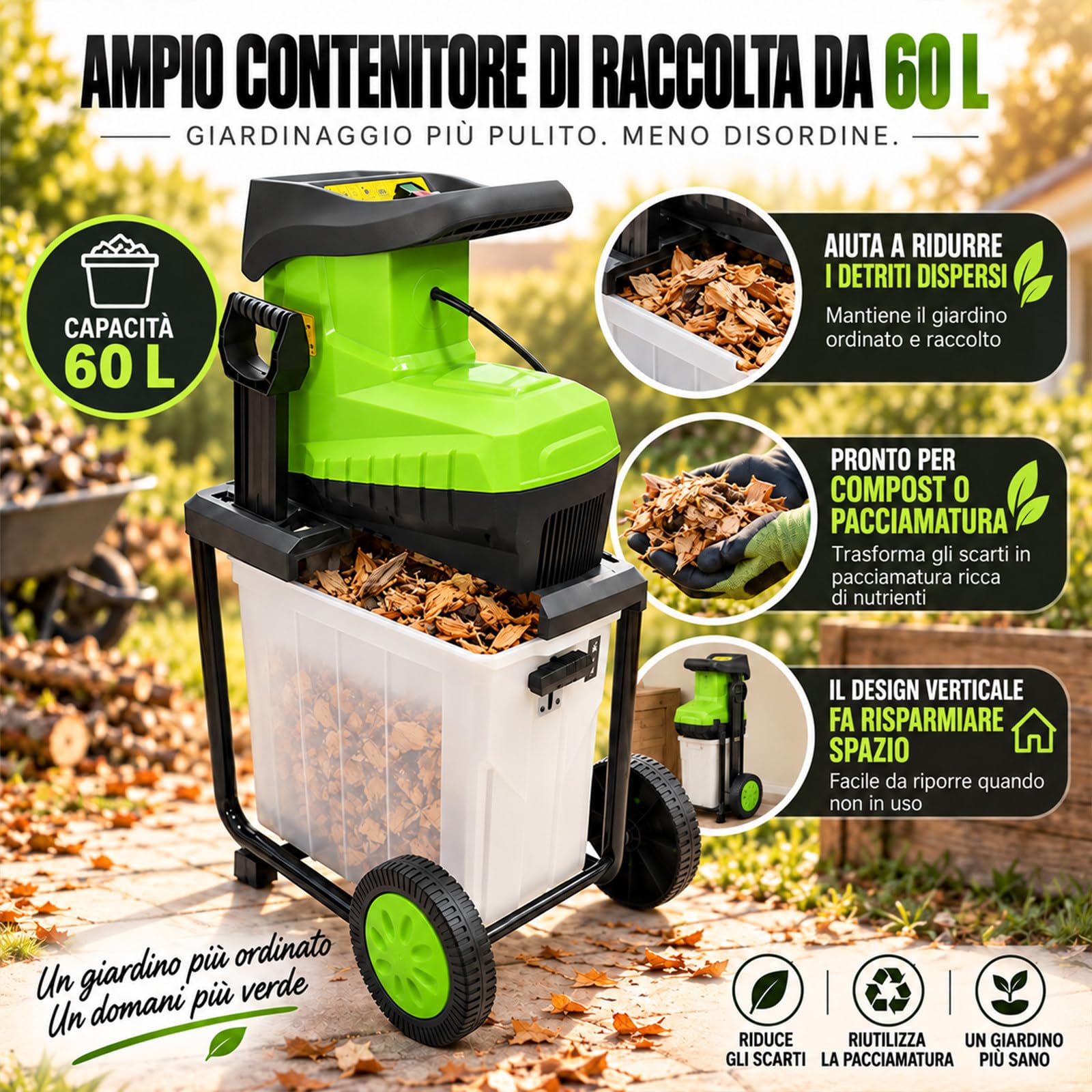 Biotrituratore 2800W, capacità 45mm E Contenitore 60L