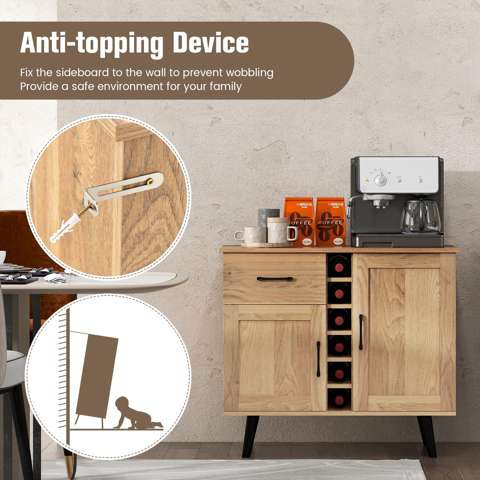 KOMFOTTEU Credenza da Cucina per Vino, Mobile Bar con Ripiani a 3 Livelli, 18 Portabottiglie, Portabicchieri, Mobile Portabottiglie con Cassetto per Sala da Pranzo, Soggiorno, Marrone, 74 x 40 x 160cm