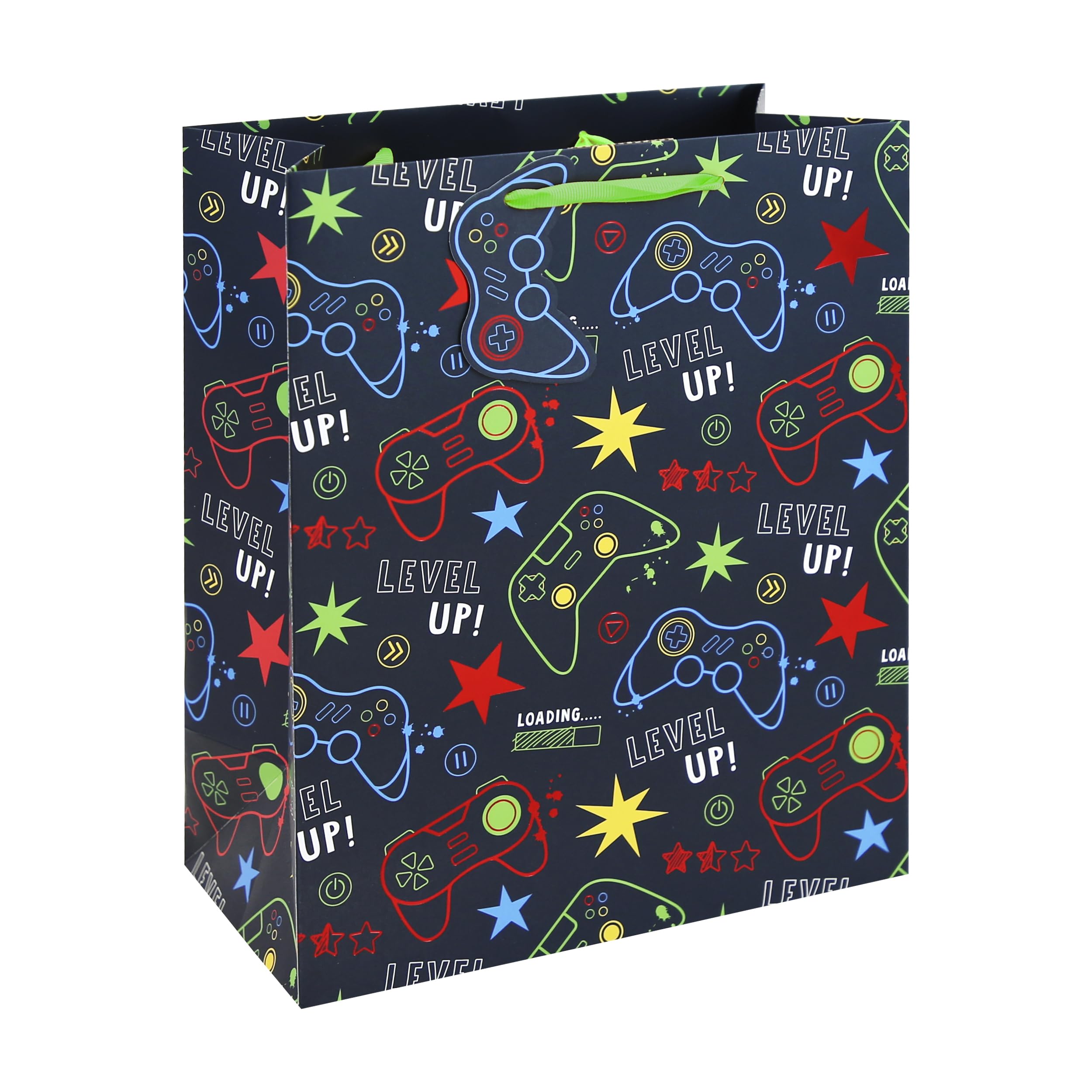 Eurowrap Level Up Large Gift Bags Pack of 3 – Gaming Present Bags with Neon Controller Artwork, Foil Finish, Ribbon Handles & Gift Tags – Birthday & Celebration Packaging for Parties