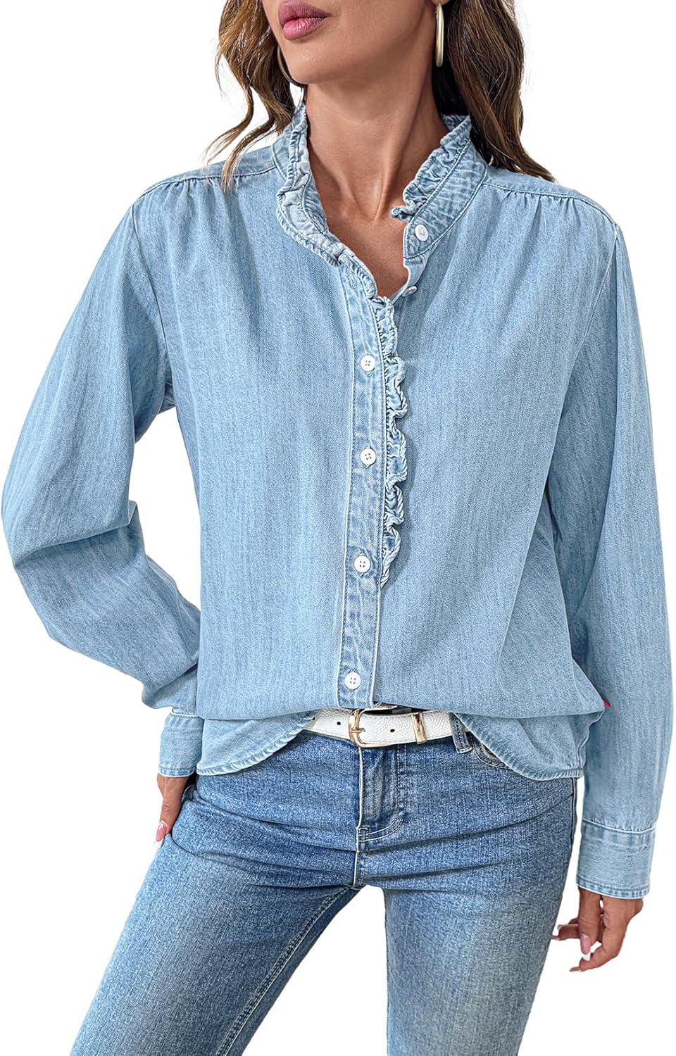 Sidefeel Womens Denim Shirt Button Down Long Sleeve Ruffled Edge Jean Blouses Tops