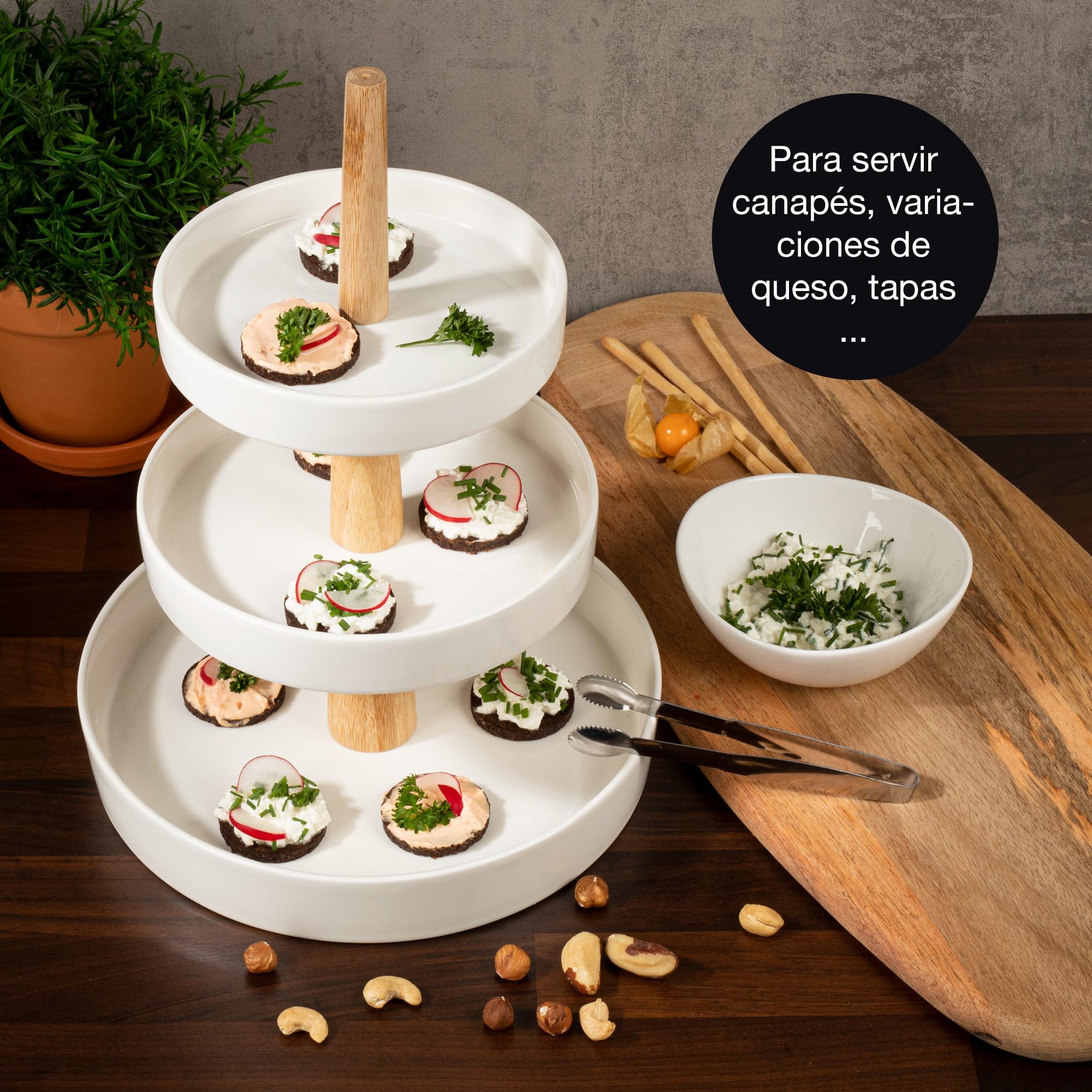 Moritz & Moritz Soporte para Frutas de 3 Niveles, Incluye alicates, de Porcelana, decoración Moderna de Cocina o Fiesta, frutero para Almacenamiento de Frutas, Magdalenas y Cupcakes