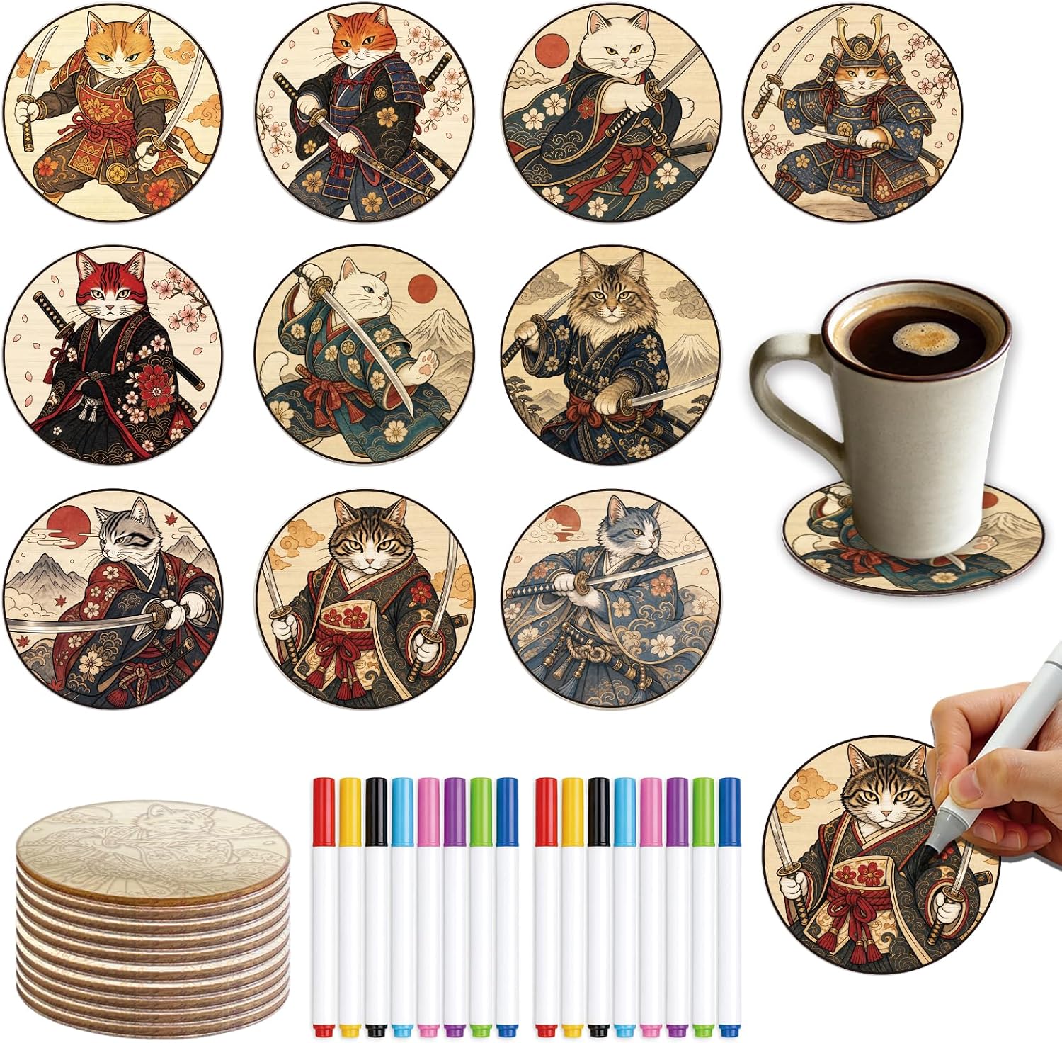 26PCS Wood Coasters Craft Kit 10 Paint You Own Coaster with 16 Pens Wooden Coaster Painting Set Coasters for Drinks Samurai Cat Painting Crafts Art Supplies (Samurai Cat)