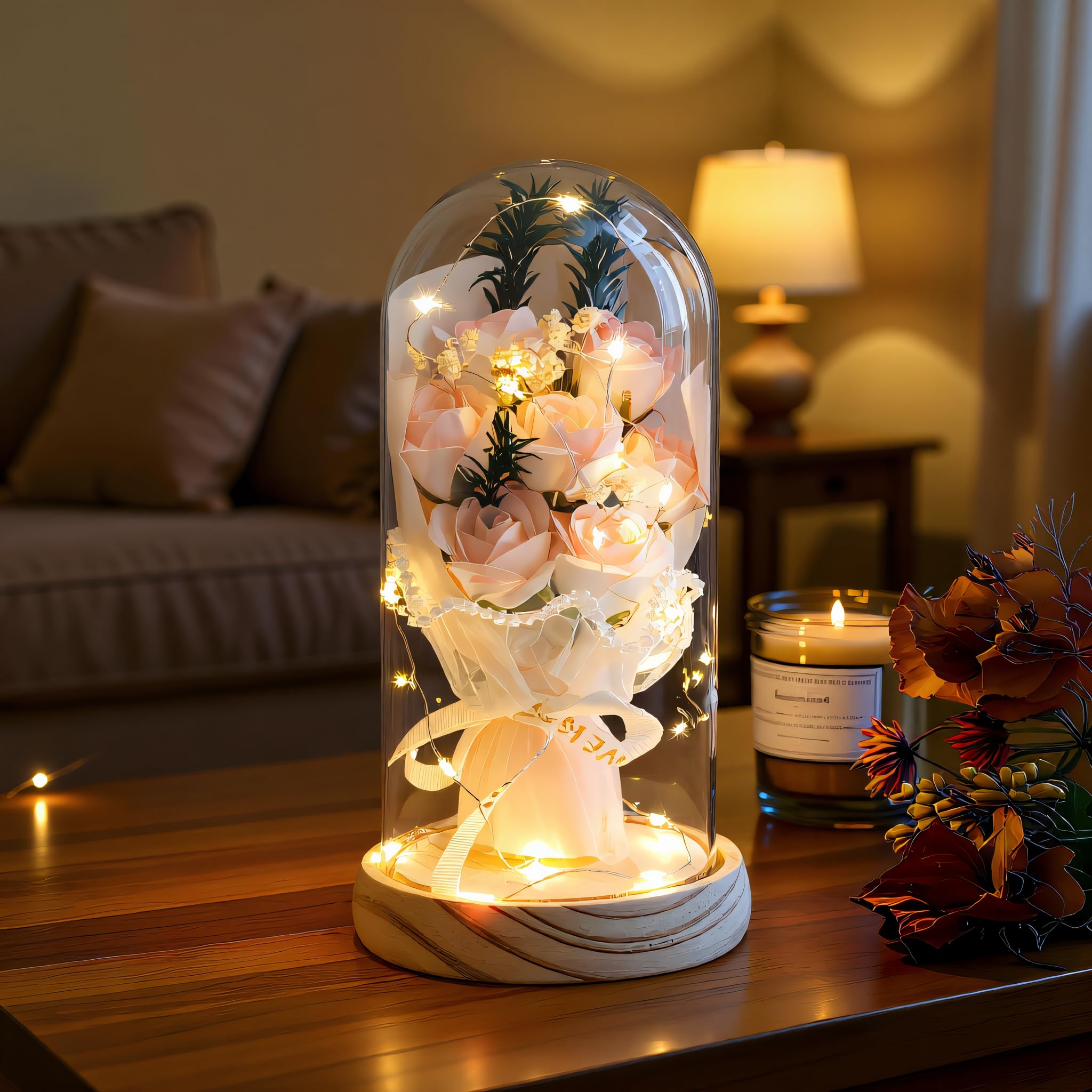 Artificial Eternal Roses in Glass Dome - 7 Silk Flowers with LED Lights, Solid Wood Base | Birthday Gifts for Mum, Grandma, Women | Elegant Anniversary & Home Decor (Upgraded Secure Packaging)