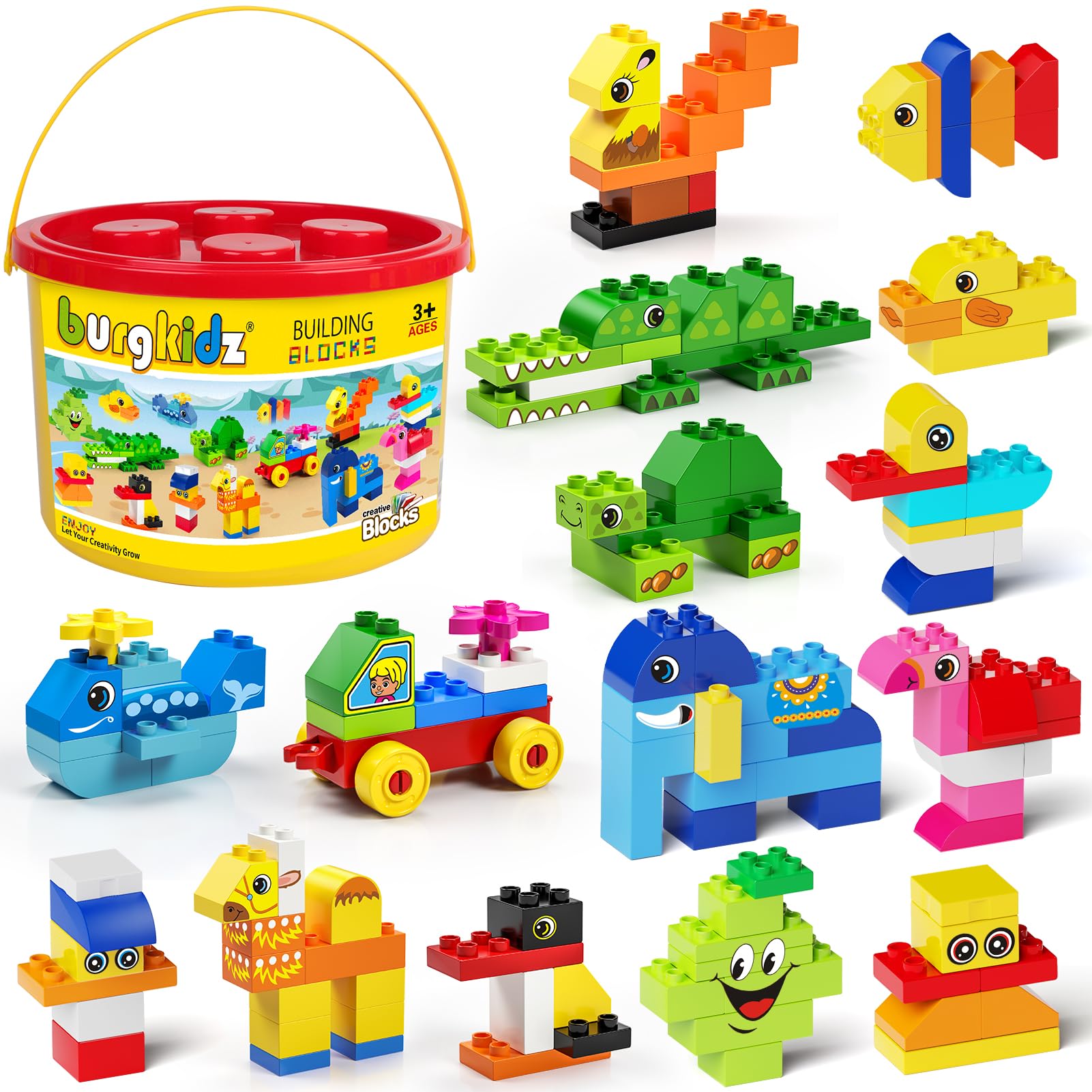 burgkidz Big Building Blocks, 135 Pieces Classic Large Size Toddler Creative Building Bricks, Compatible Block Construction Toys with Storage Bucket, Educational Gift for Boys Girls 3+