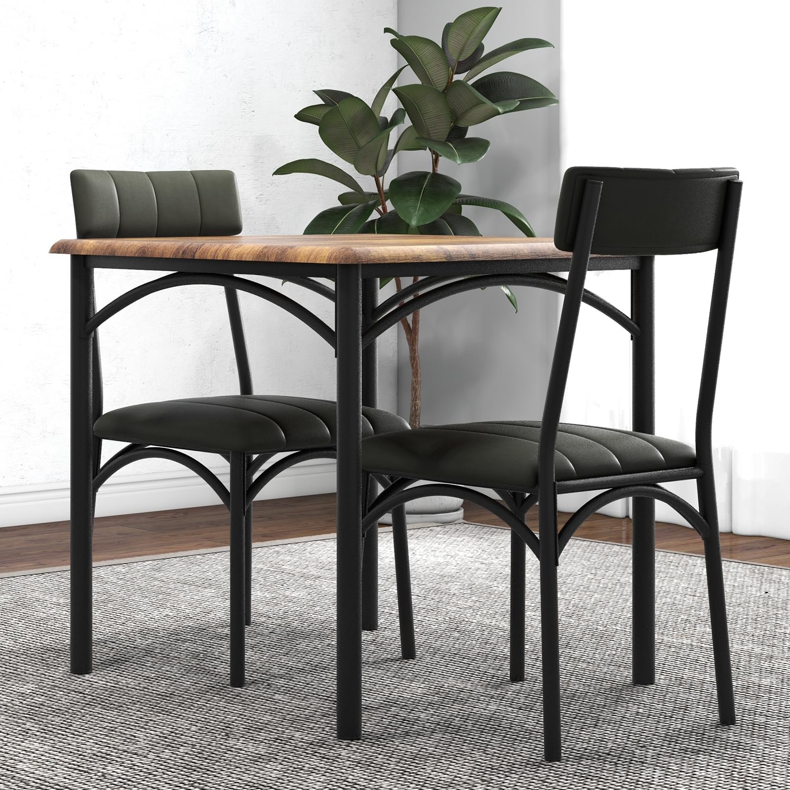 GarveeHome Kompaktes 3-teiliges Esszimmer-Set für 2 Personen – Quadratischer Küchentisch mit 2 gepolsterten Stühlen – Platzsparendes Essgruppenset