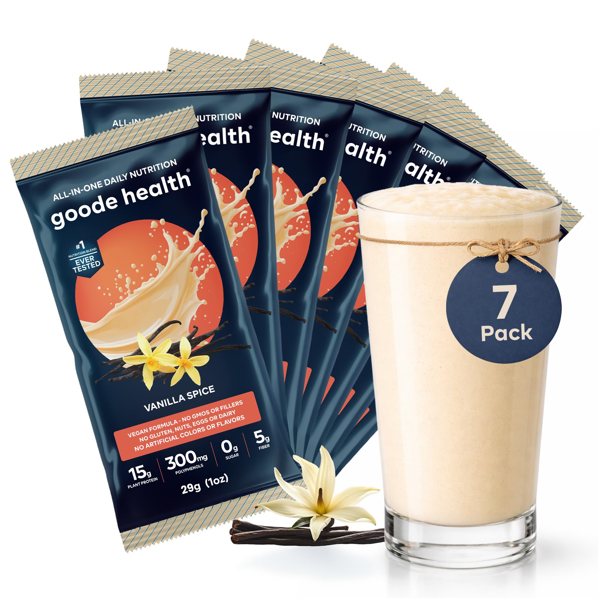 Goode Health Shake de Nutrição Vegetal em Pó com Proteína Vegetal, Baunilha com Especiarias, 15 g, 7 sachês