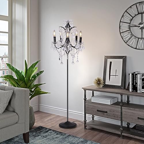 TOCHIC Lámpara de pie tradicional de 5 luces, estilo casa de campo, candelabro negro de 65 pulgadas de alto para sala de estar, comedor, entrada,