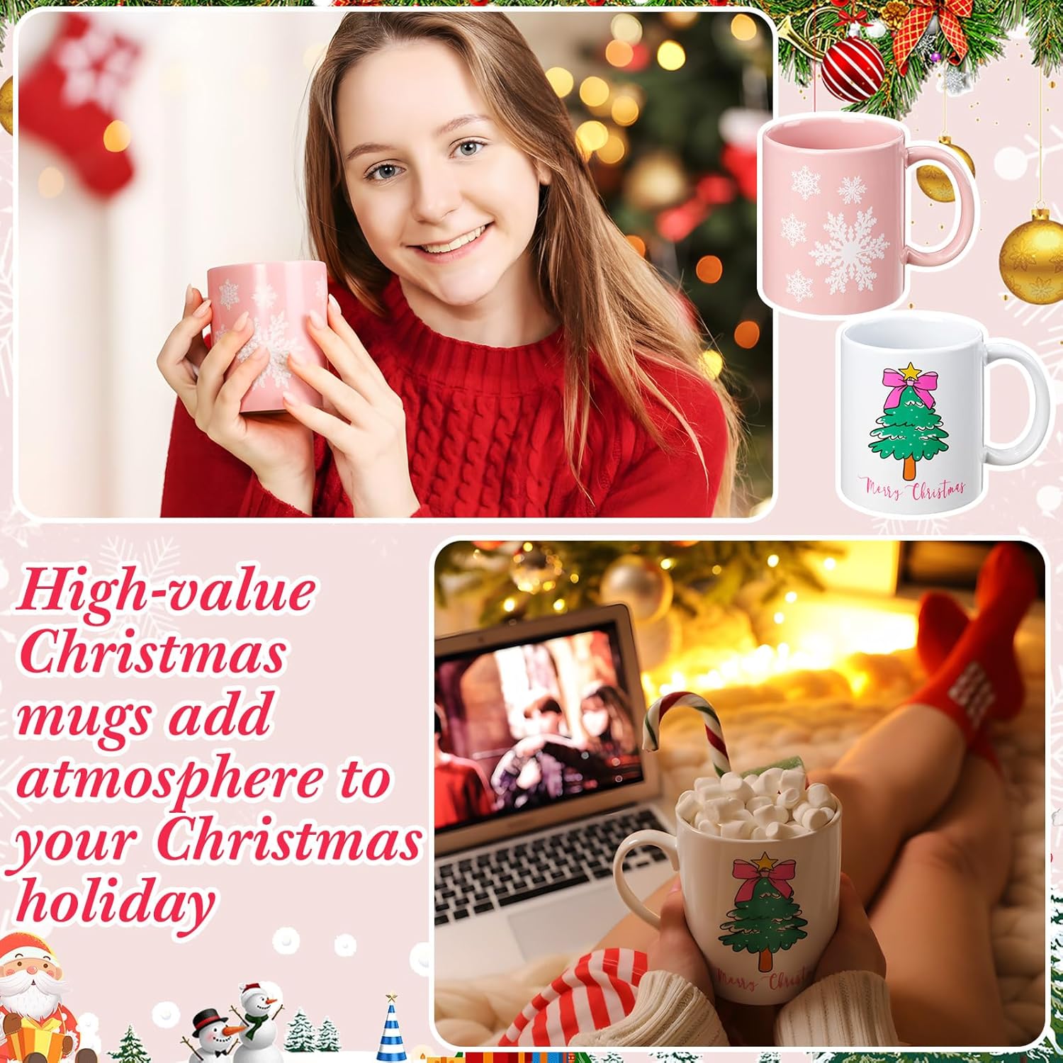 Maxdot 8 Pieces 12 oz Christmas Winter Coffee Mugs Gifts Set with Handle Ceramic Matching Cups for Staff Home School Office Table Centerpieces Housewarming Holiday Party