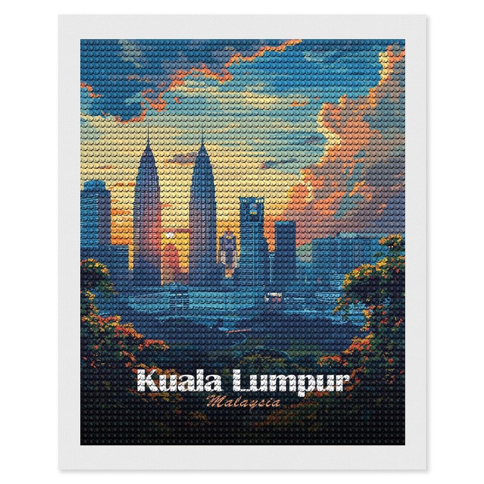 Junmoney Kuala Lumpur Skyline at Sunset Diamond Art Canvas 16"x20", for Adults, Good for Quiet Evenings, Bedroom Decor, Festive Craft Gift, Easy to Enjoy