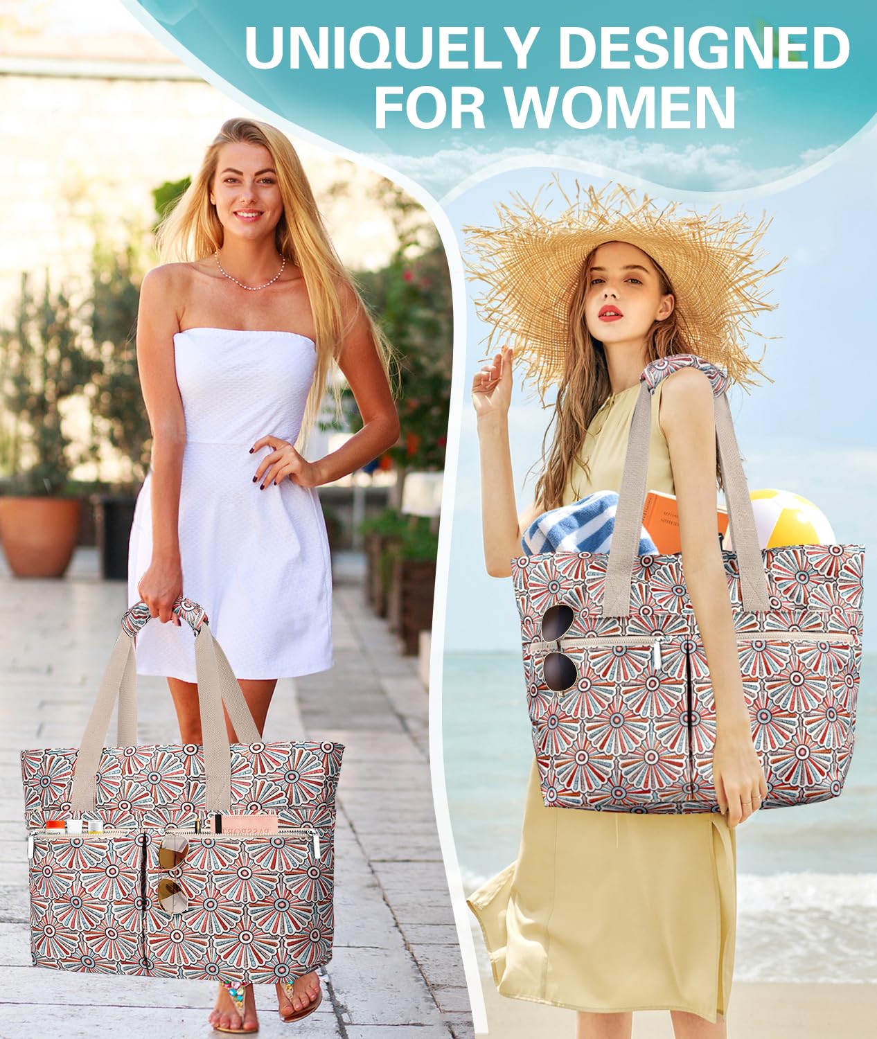Strandtasche Damen mit Reissverschluss, Strandtasche Familie XXL Groß Shopper Tasche Beach Tote Bag Reisetasche Wasserdicht Badetasche mit Nassfach für Einkaufen Fitness Reisen