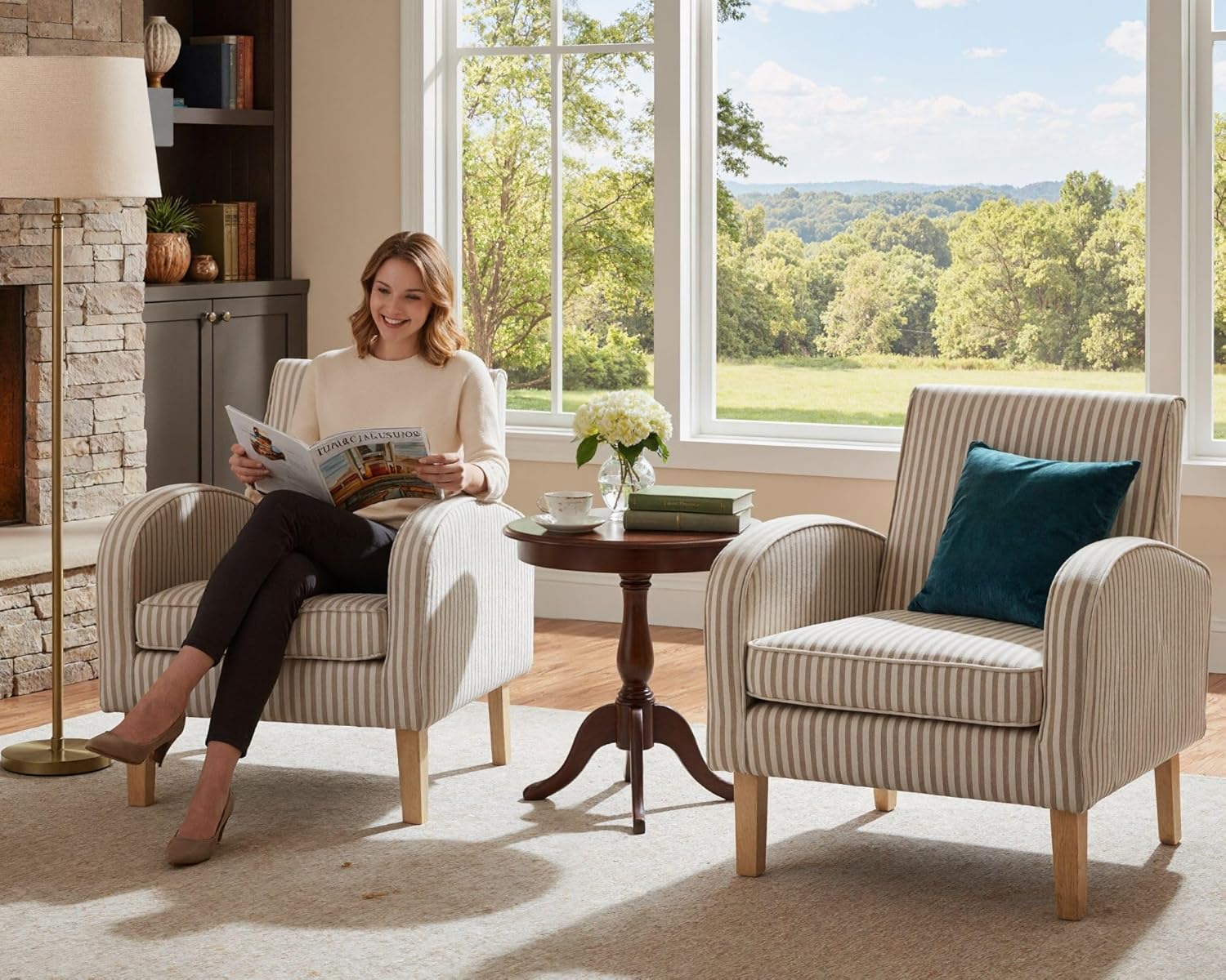 Farmhouse Striped Accent Chair for Living Room Set of 1, Linen Fabric Modern Comfy Armchairs with Cushion, Upholstered Striped Reading Chairs for Bedroom Couch Chair with Wood Legs, Khaki