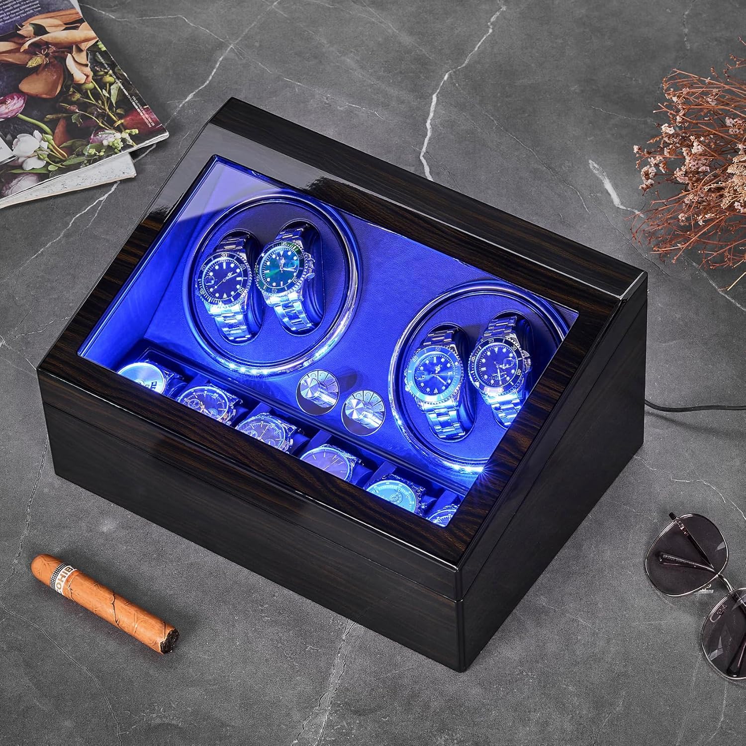 ANWBROAD Caricatore per orologi automatici 4 Rotatori per orologi e 6 scomparti extra con motore Mabuchi super silenzioso Retroilluminazione a LED Gira orologi 4 modalità USB