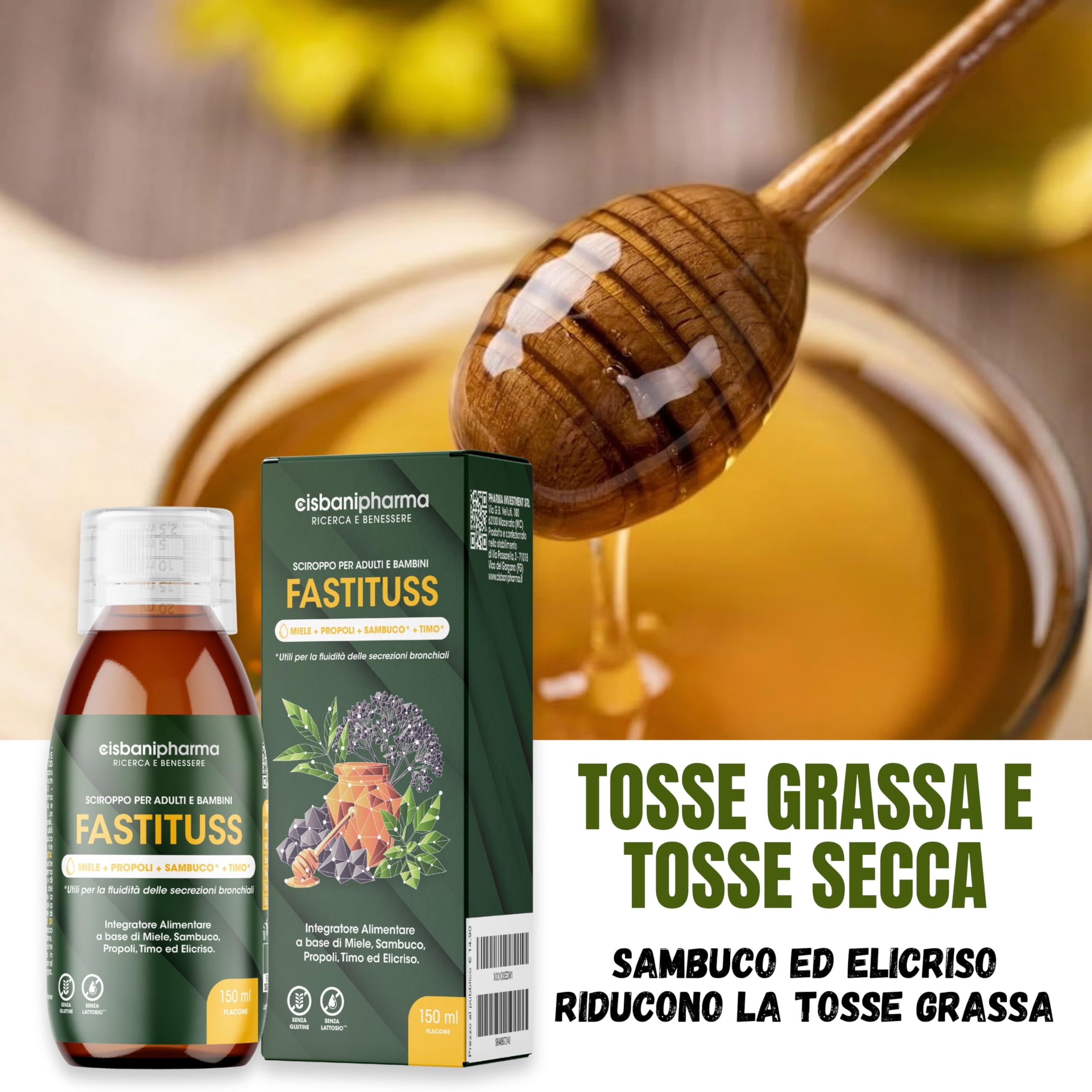 CISBANI PHARMA Sciroppo tosse secca e grassa e mal di gola a base di Sambuco, Miele, Propoli, Timo ed Elicrisio - Emolliente e lenitivo - Flacone 150 ml, per Adulti e Bambini