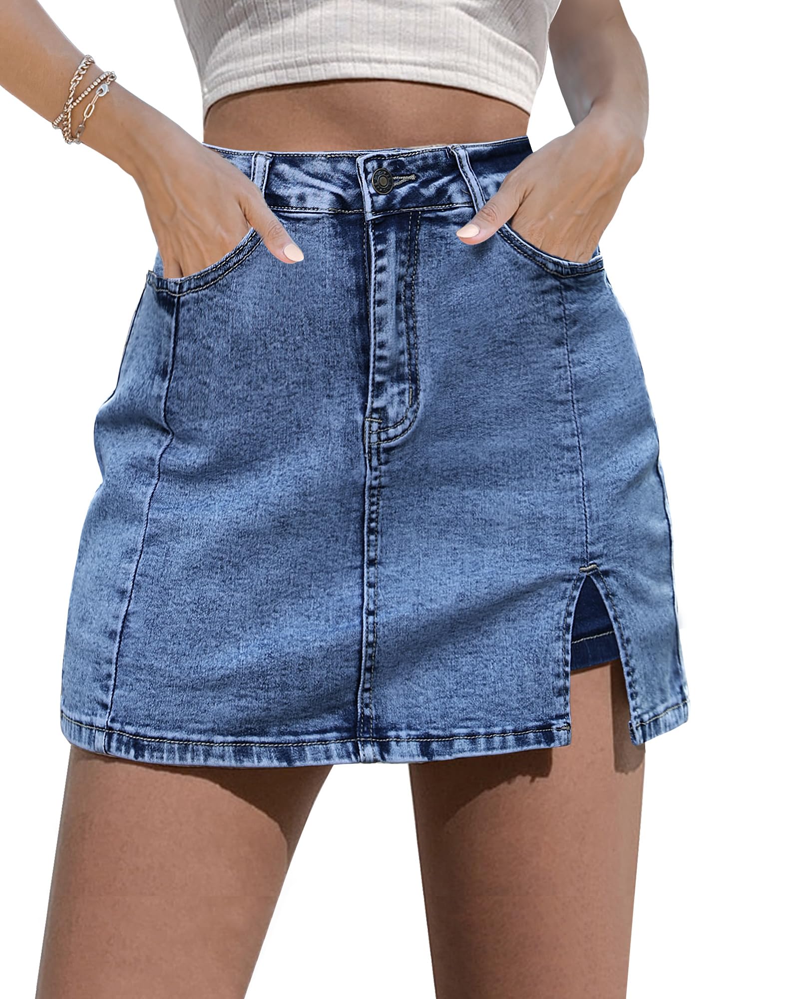 luvamia Jean Skort Women High Waisted Stretchy Denim Mini Skirt Side Slit